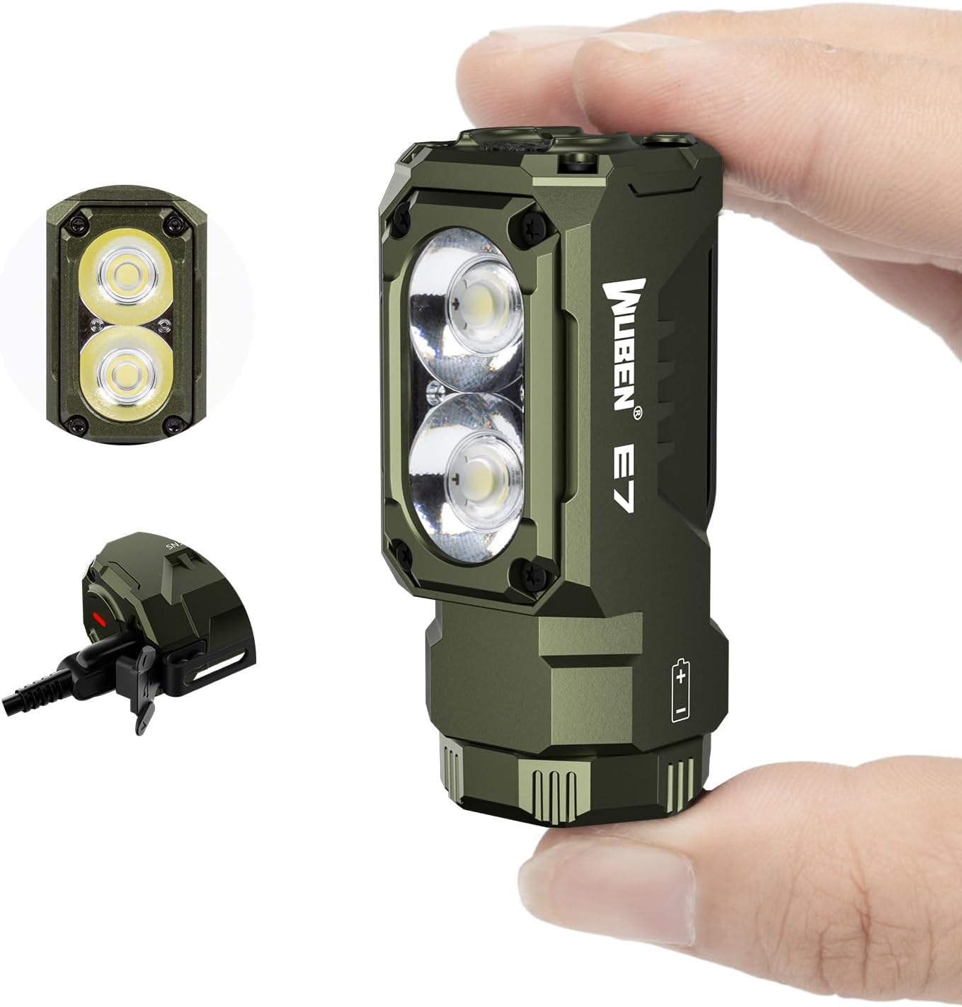 Eine kleine grüne Wuben E7 Taschenlampe wird von Fingern gehalten, mit zwei kleineren Ansichten links.