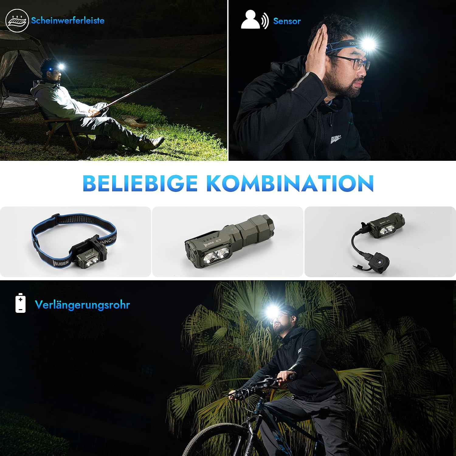 Verschiedene Einsatzmöglichkeiten einer kompakten LED-Kopflampe beim Angeln, Radfahren und im Alltag.