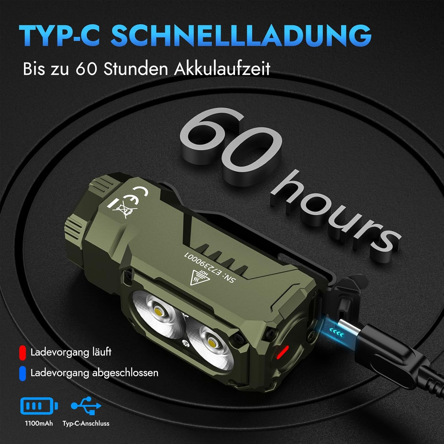 Grüne LED-Taschenlampe mit Typ-C-Ladeanschluss und 60 Stunden Akkulaufzeit.