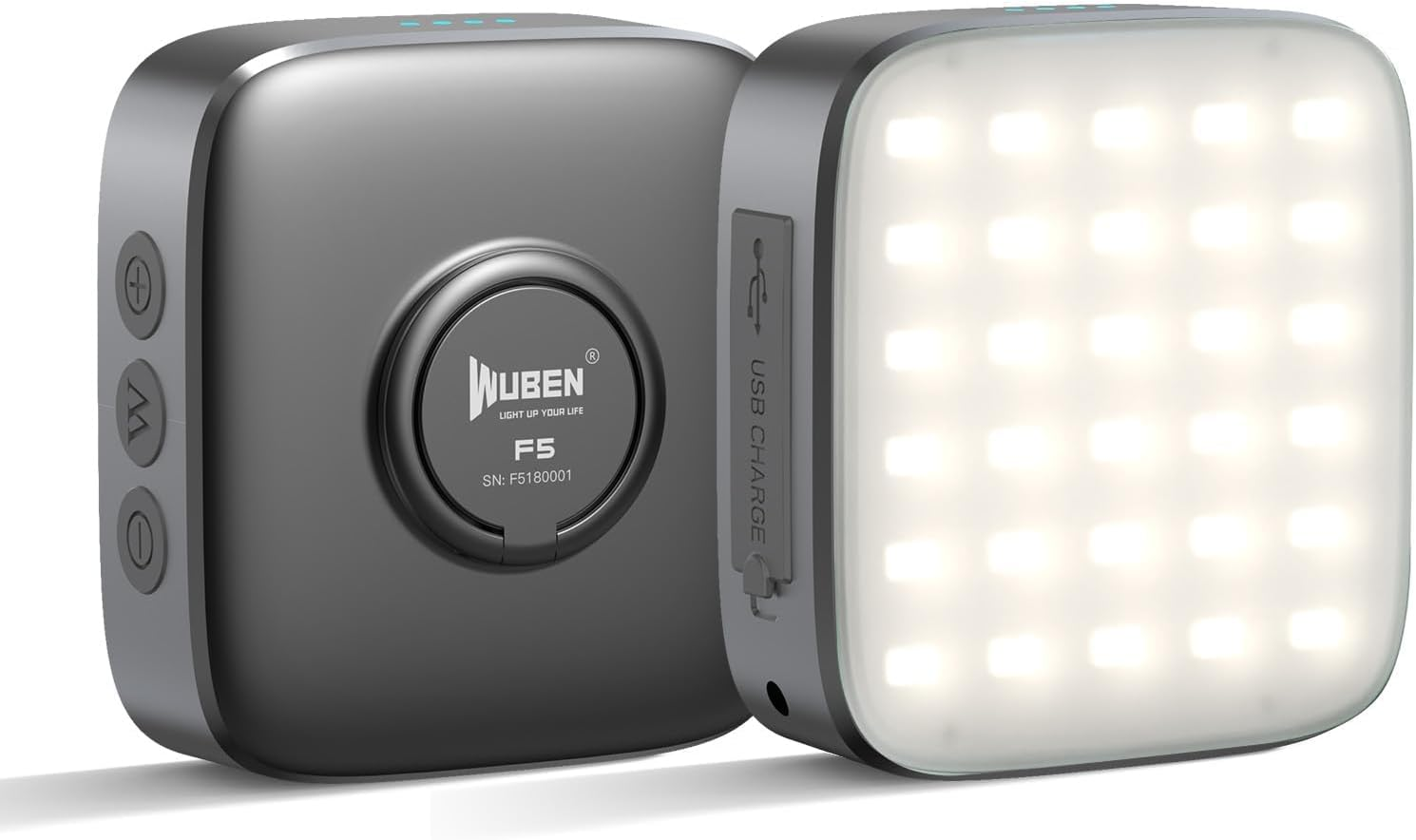 Zwei graue Wuben F5 LED-Leuchten mit USB-Anschluss und runder Logo-Taste.