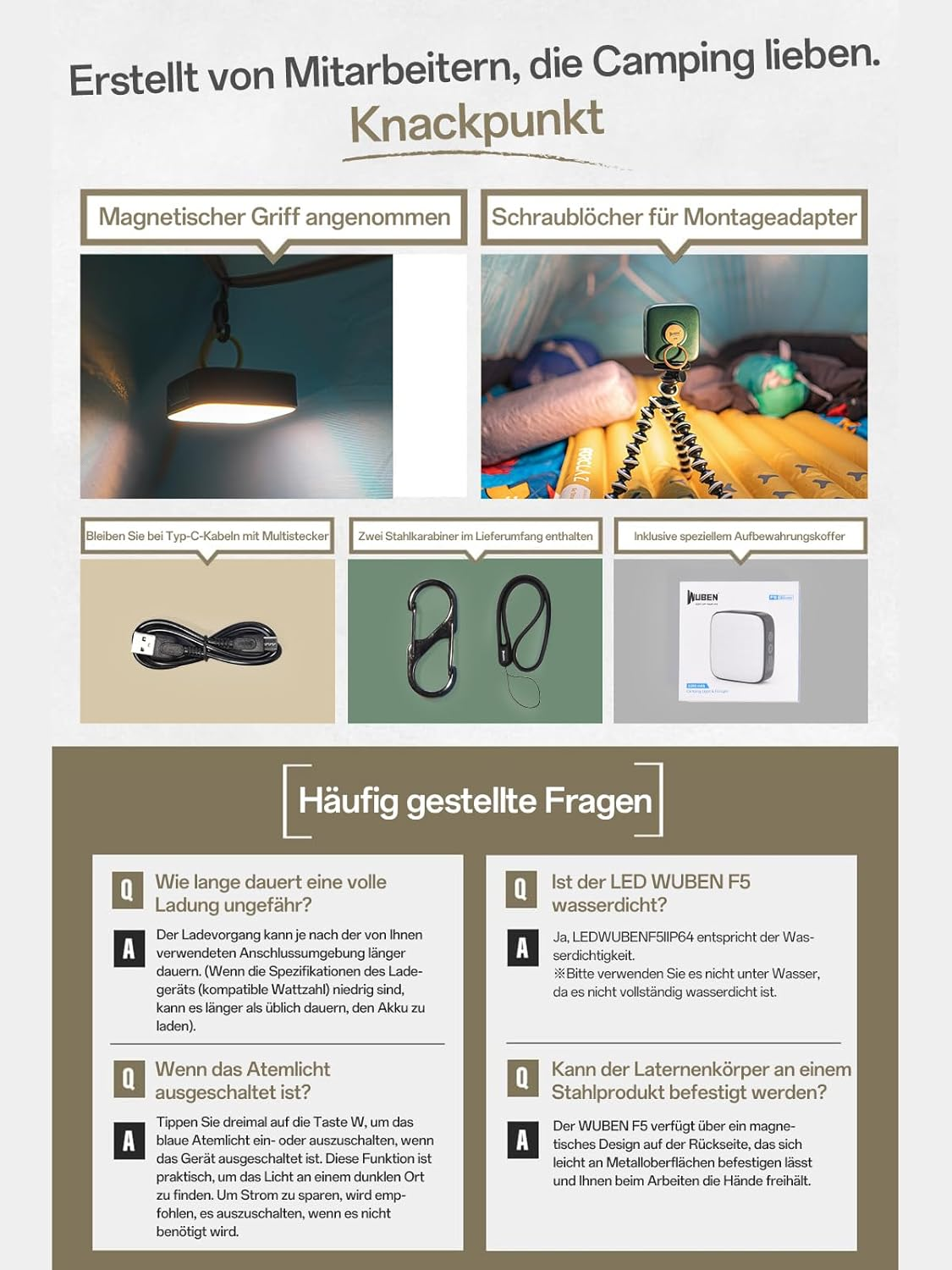 Produktinfografik mit Magnetgriff, Zubehör und FAQ zu einer Camping-LED-Lampe.
