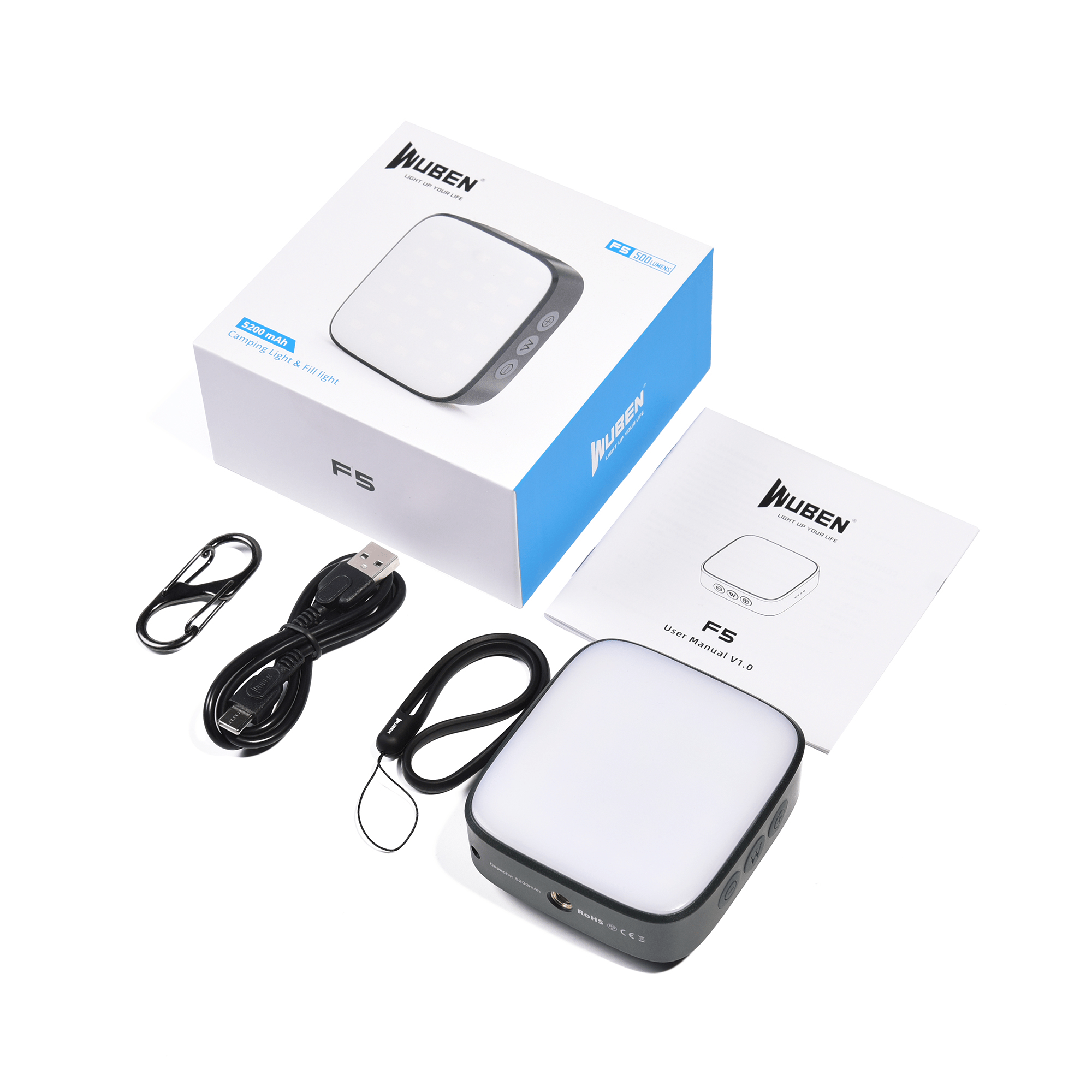 Wuben F5 Campinglampe, Bedienungsanleitung, USB-Kabel, Karabiner und Band auf weißem Hintergrund.