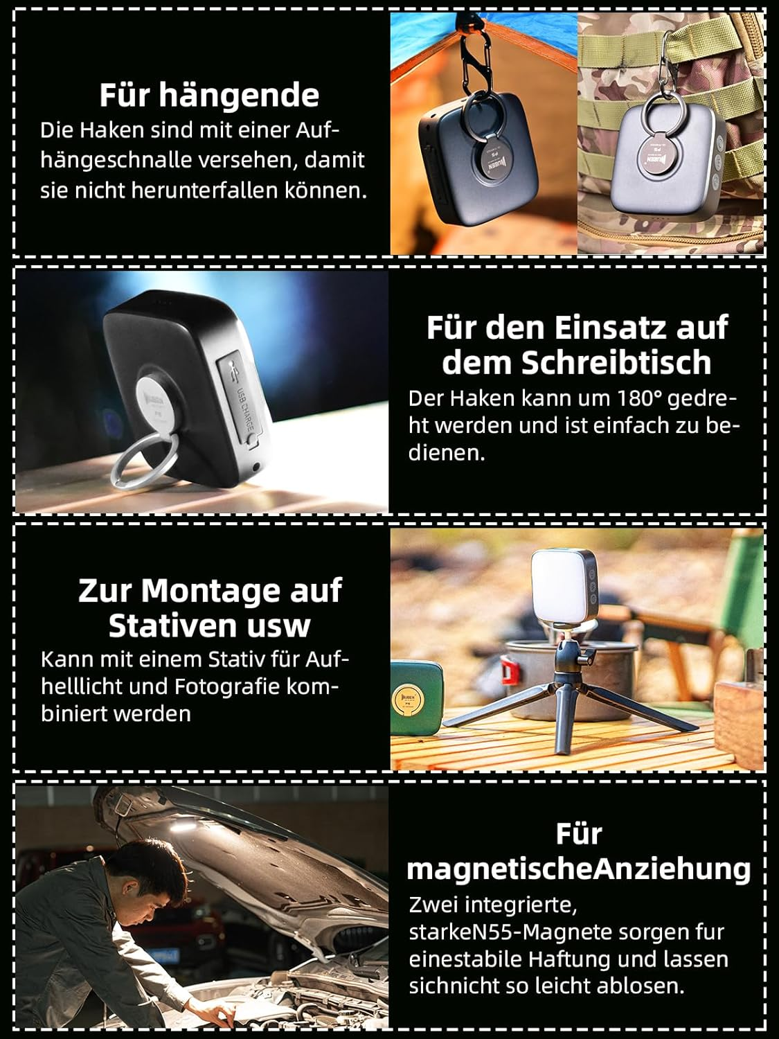 Mehrteiliges Bild zeigt verschiedene praktische Anwendungen einer tragbaren Arbeitsleuchte mit Haken und Magneten.