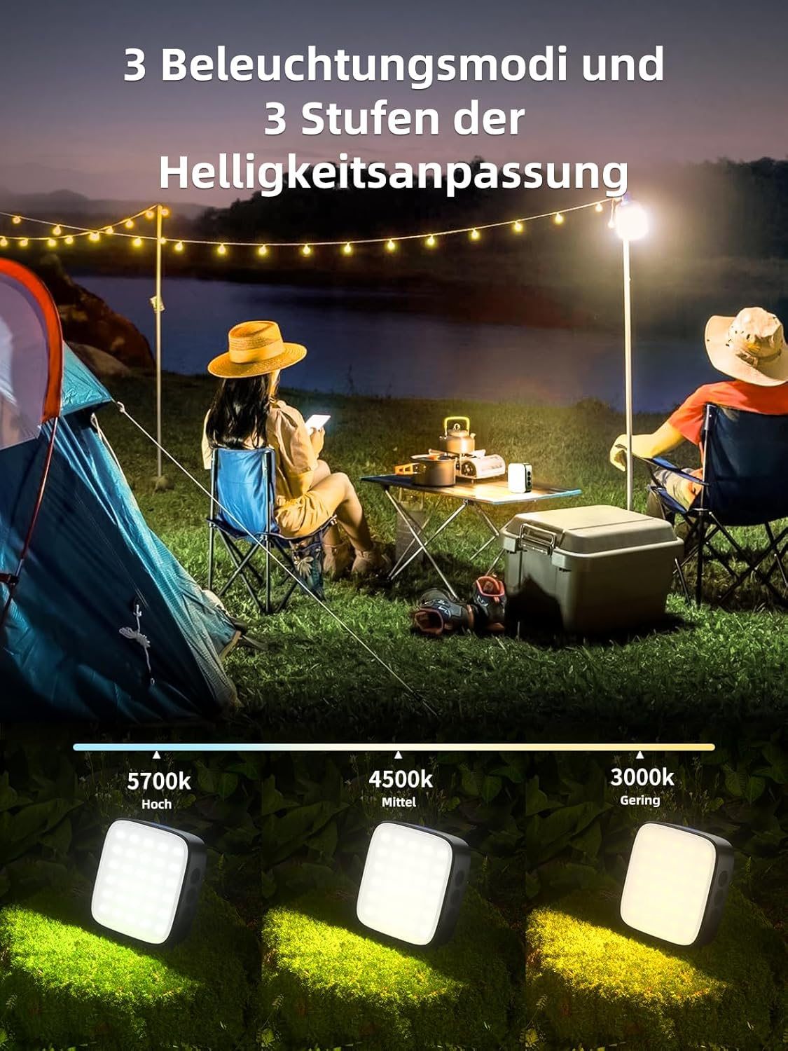 Zwei Personen campen abends am See mit Lichterkette, Zelt und tragbaren LED-Leuchten in drei Helligkeitsstufen.