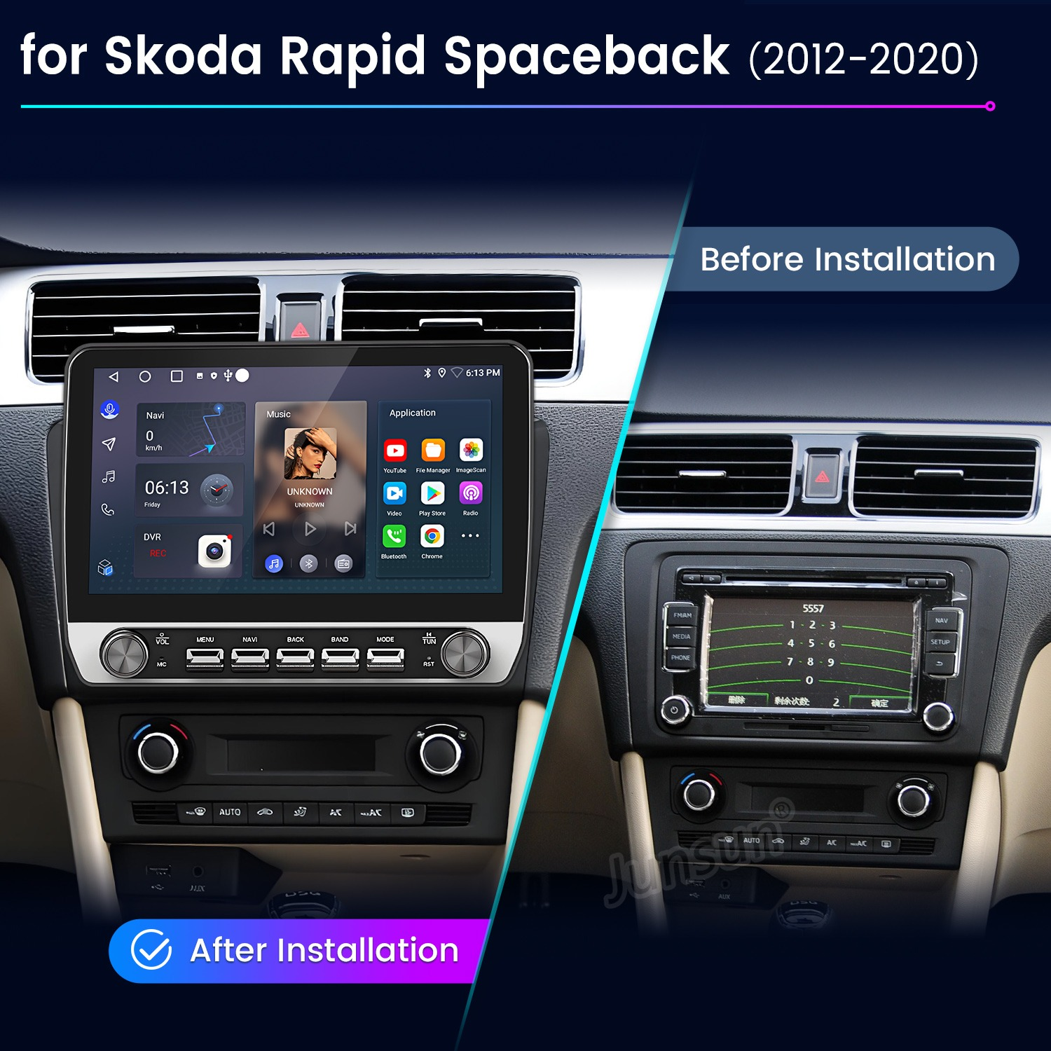 Vergleich der Skoda Rapid Spaceback Mittelkonsole vor und nach der Installation eines modernen Infotainmentsystems.