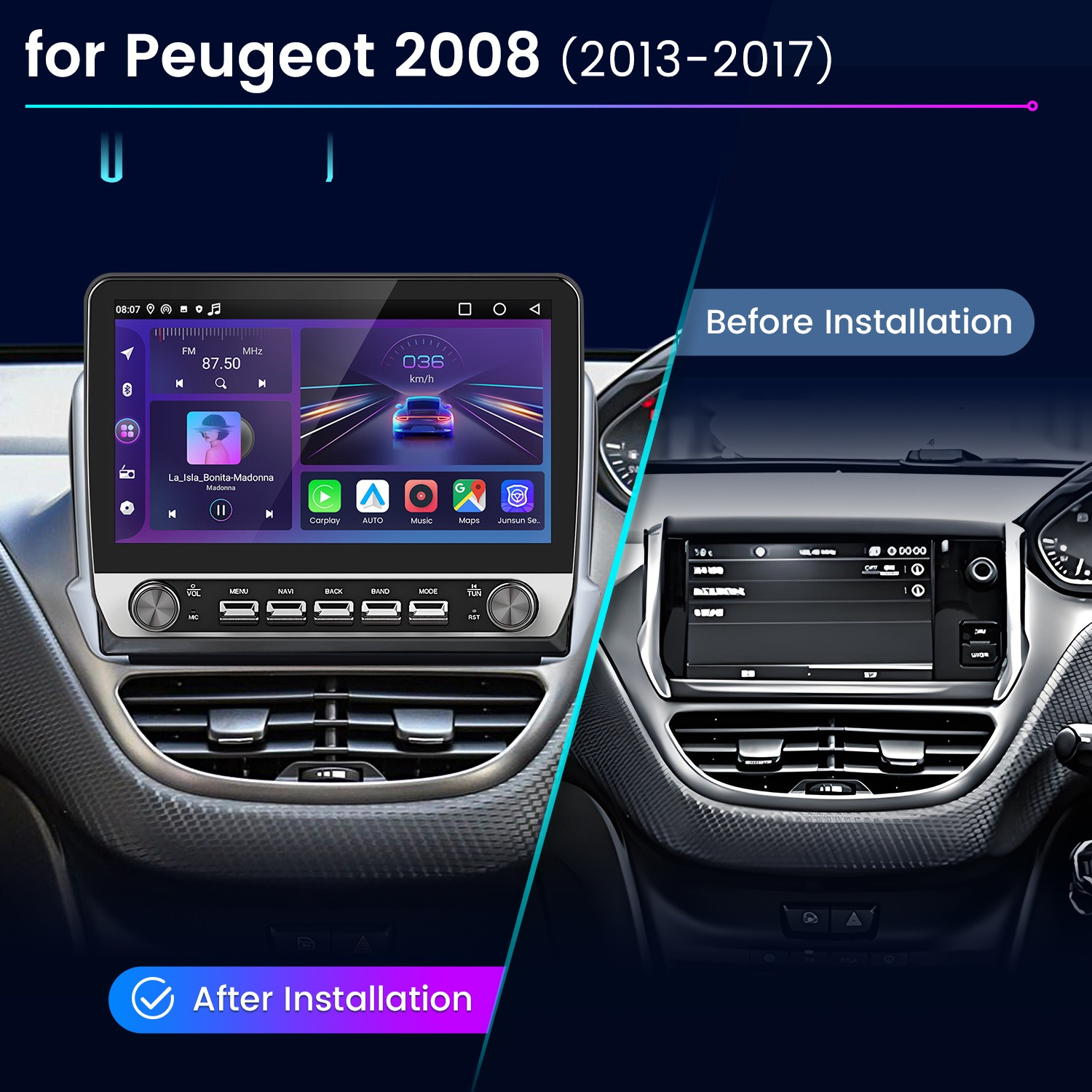 Vergleich des Peugeot 2008 Armaturenbretts vor und nach der Installation eines modernen Multimedia-Touchscreens.
