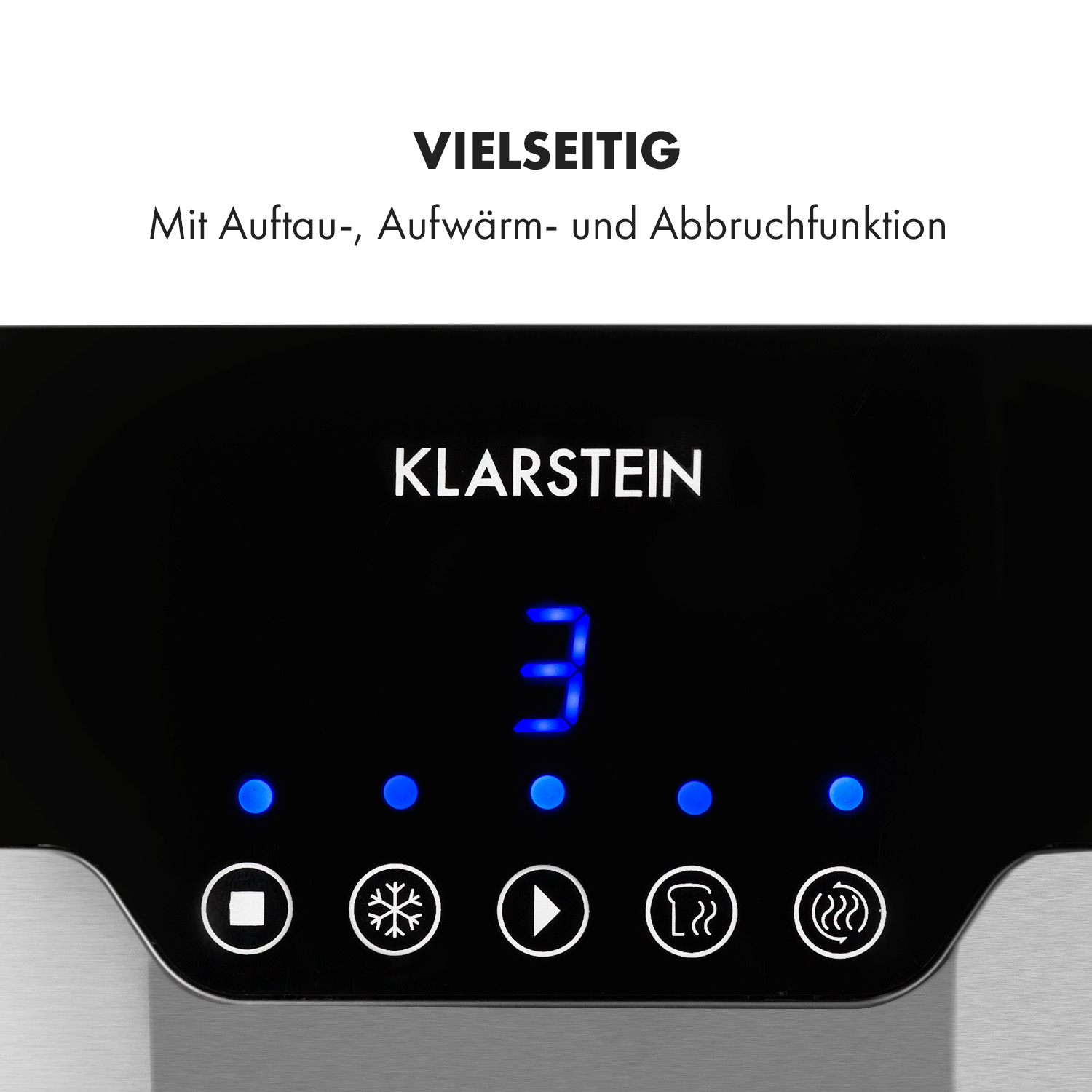 Klarstein Toaster Bedienfeld mit blauen Leuchtanzeigen und Symbolen für Auftauen, Aufwärmen und Abbruch.