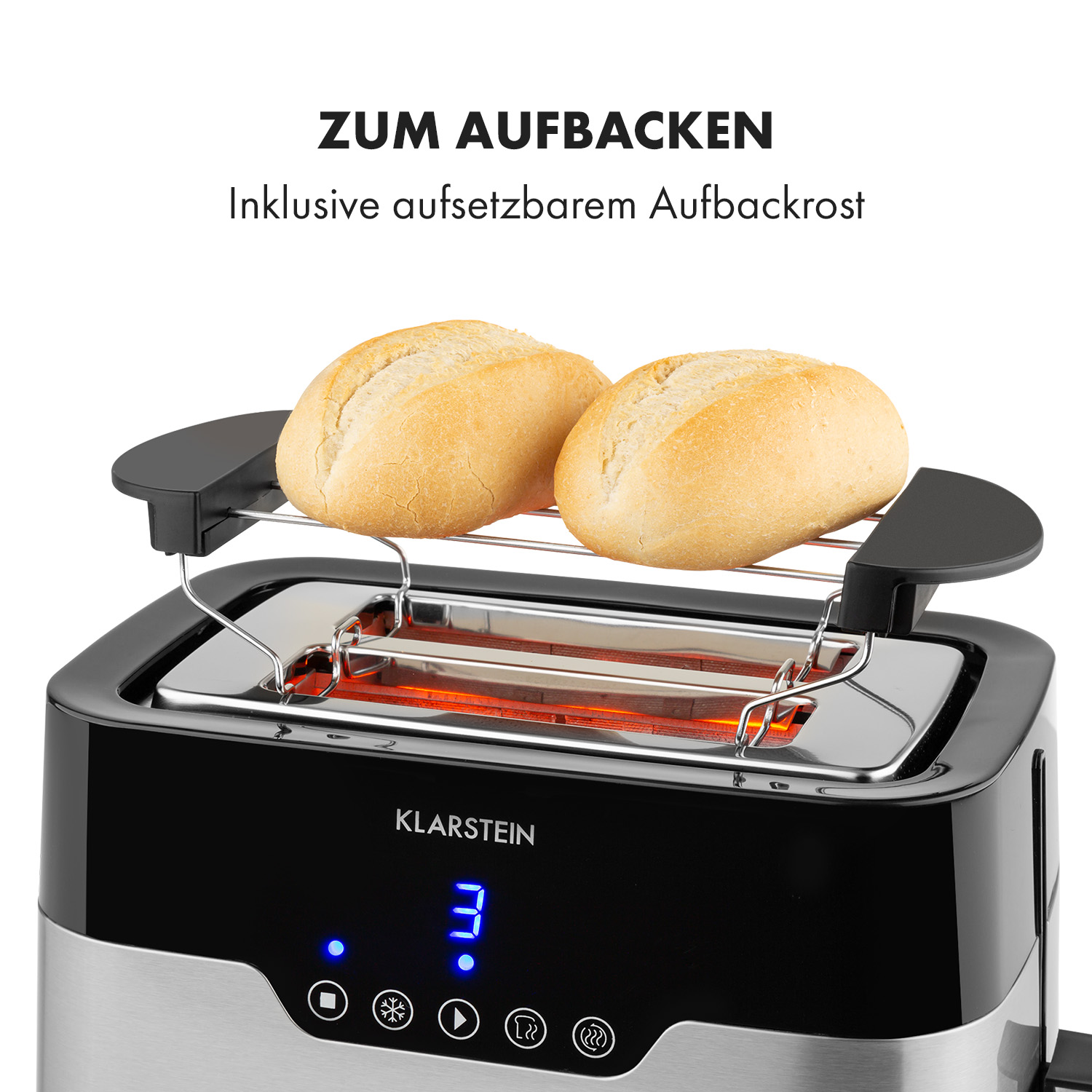 Edelstahltoaster mit Brötchenaufsatz und zwei Brötchen oben, digitalem Display und Text oben.
