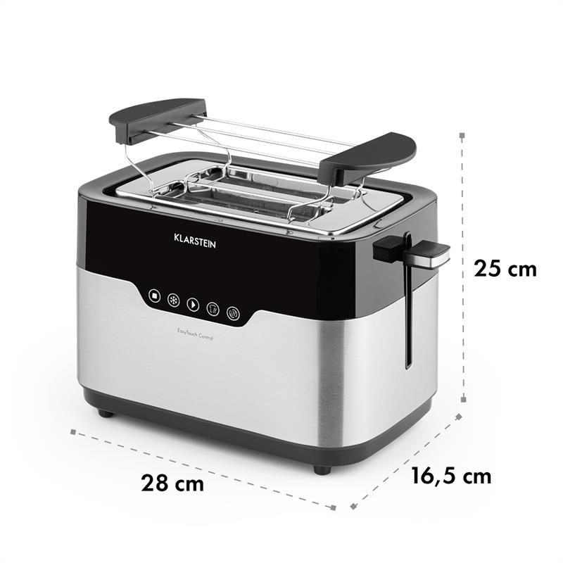 Schwarzer und silberner Klarstein Toaster mit Touch-Bedienfeld und Maßen von 28 x 16,5 x 25 cm.