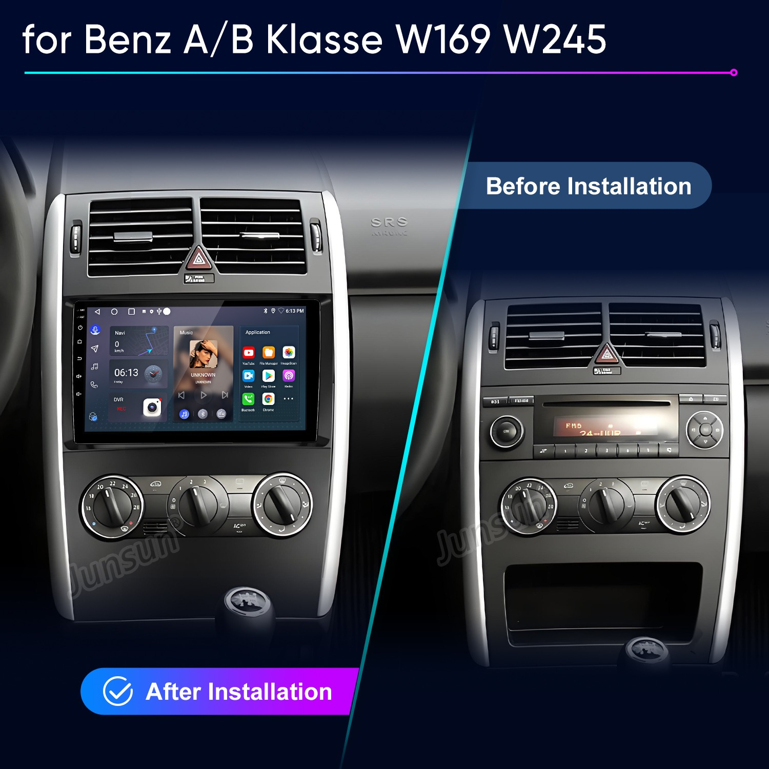 Vergleich der Mercedes A/B-Klasse Mittelkonsole vor und nach der Installation eines Touchscreen-Radios.