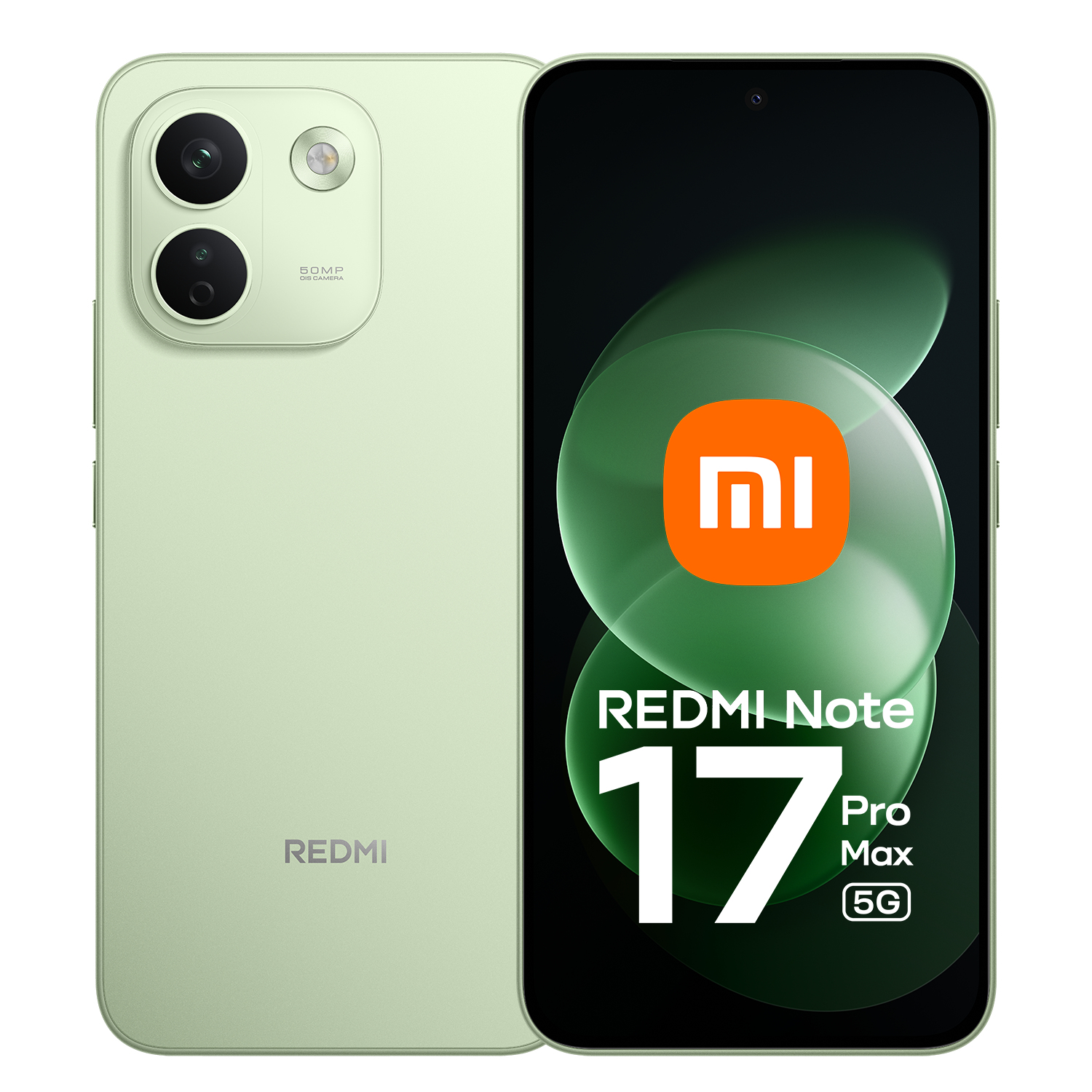 Hellgrünes Redmi Note 17 Pro Max 5G mit Doppel-Rückkamera und orangefarbenem Xiaomi-Logo auf dem Bildschirm.