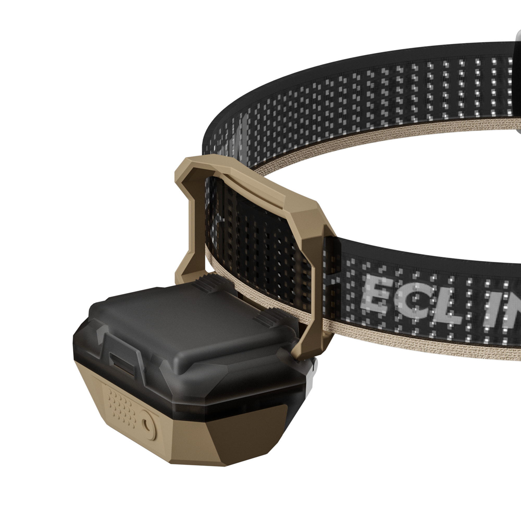Eine schwarz-braune Stirnlampe mit verstellbarem Gummiband vor weißem Hintergrund.