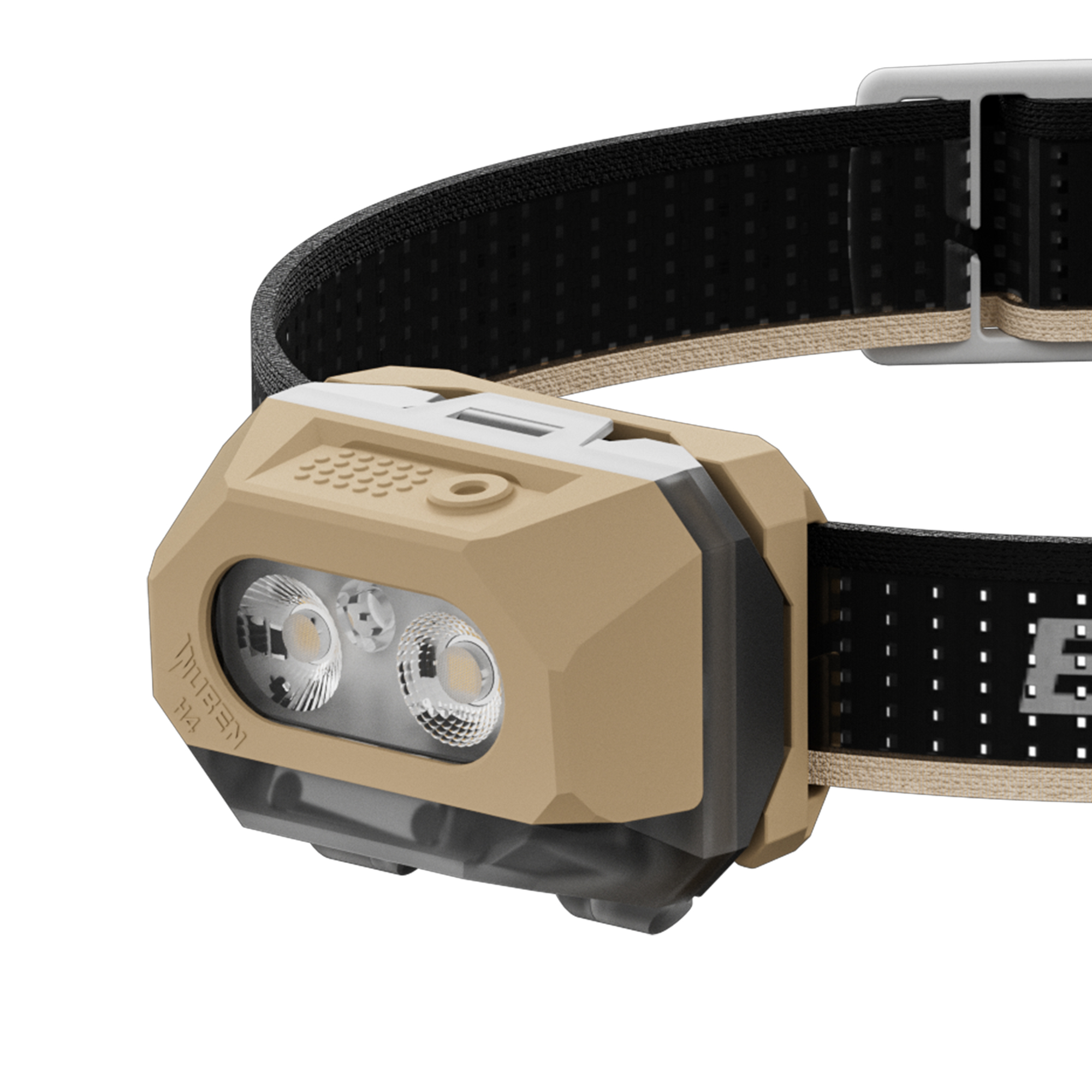 Eine beige-schwarze Stirnlampe mit zwei LED-Lichtern und verstellbarem Band vor weißem Hintergrund.