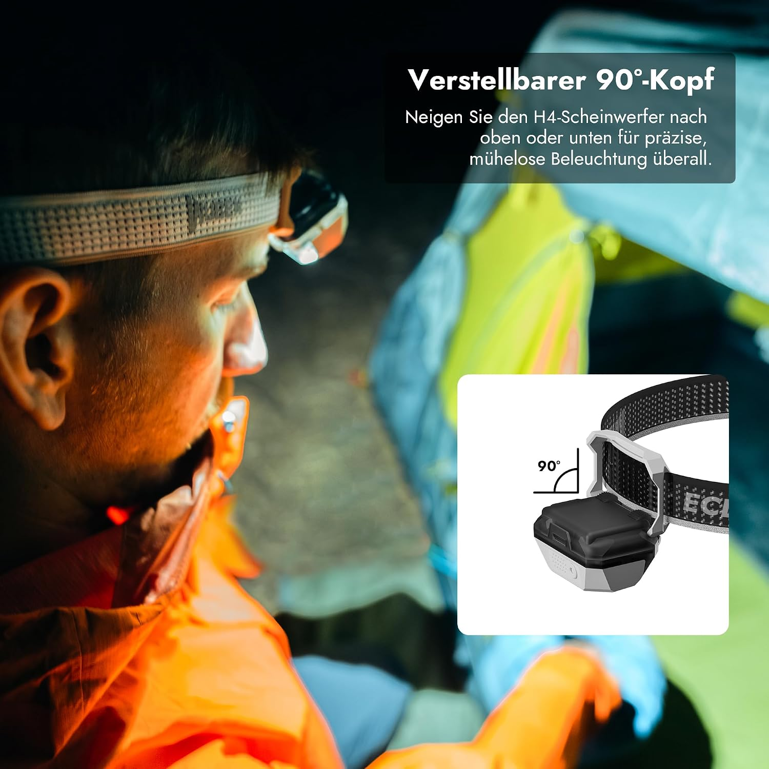 Ein Mann trägt eine Stirnlampe im Dunkeln, während ein Inset-Bild einen um 90 Grad verstellbaren Kopf zeigt.