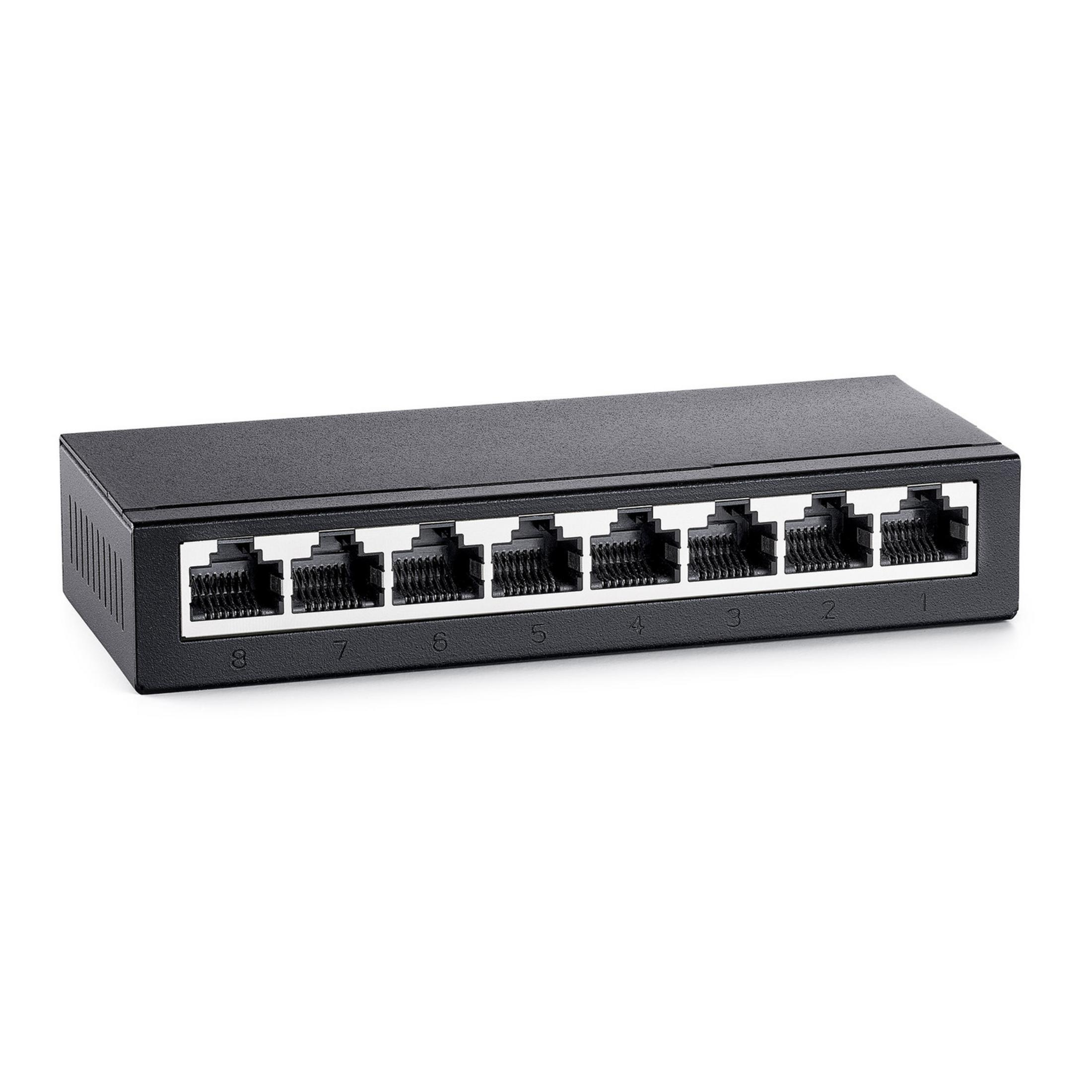 Ein schwarzer Ethernet-Switch mit acht nummerierten RJ45-Ports auf einer weißen Oberfläche.