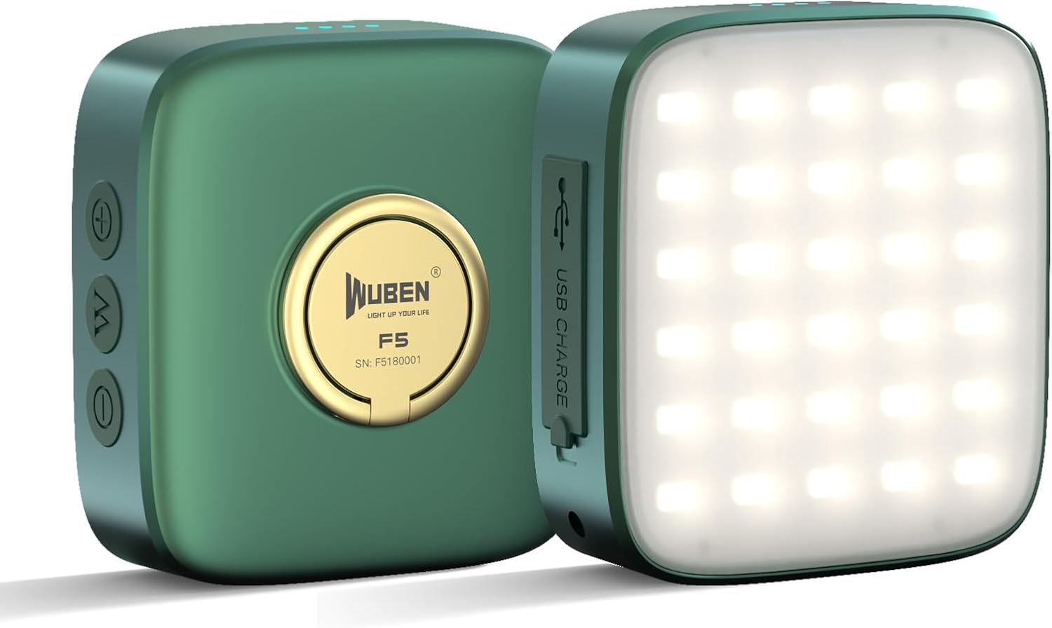 Zwei Ansichten einer grünen Wuben F5 Leuchte mit goldenem Logo hinten und LED-Panel vorne.