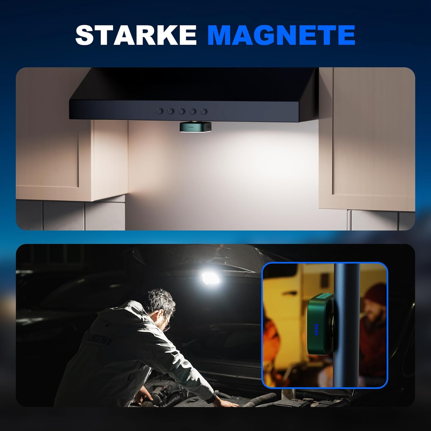 Eine kleine grüne magnetische LED-Leuchte haftet an einer Dunstabzugshaube, einem Auto und einer Metallstange.