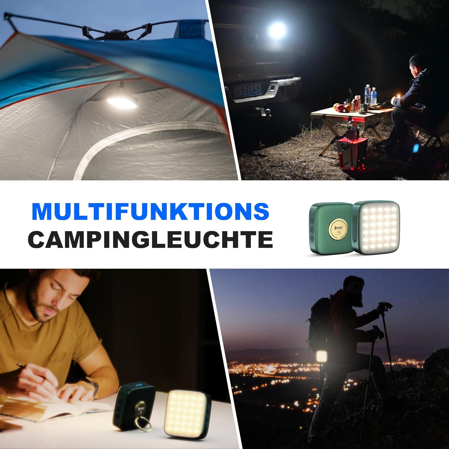 Eine grüne multifunktionale Campinglampe wird in verschiedenen Szenen wie Zelten, Arbeiten und Wandern gezeigt.