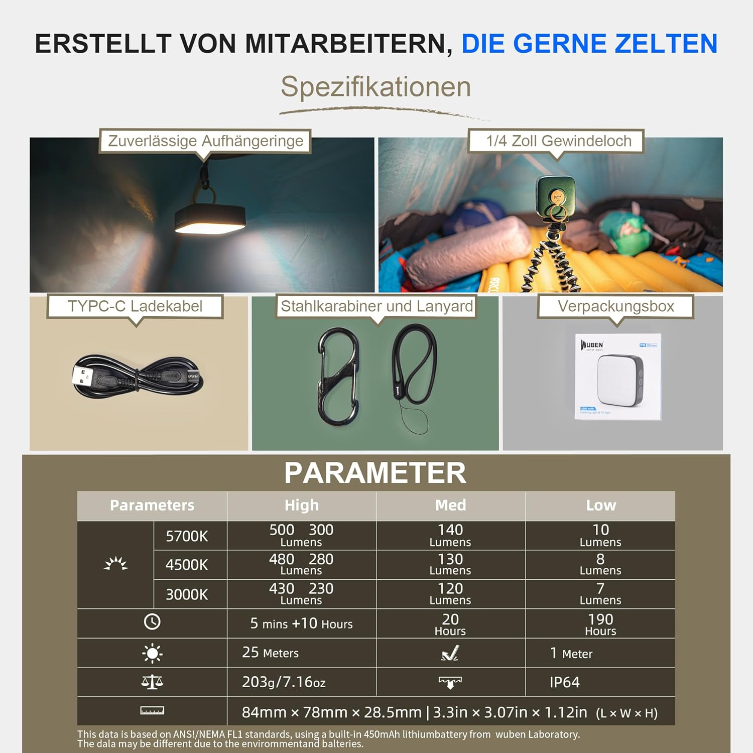 Spezifikationen und Parameter einer Campinglampe mit Zubehör wie Kabel, Karabiner, Box und technischen Daten.