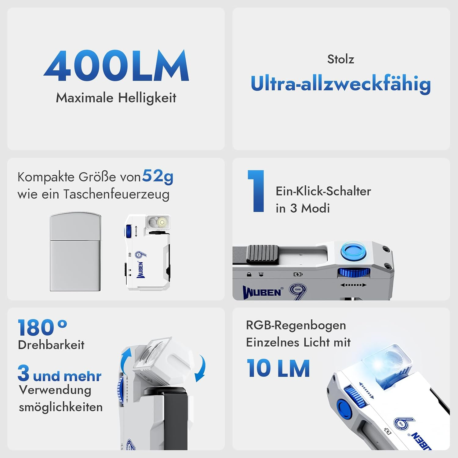 Produktmerkmale einer kompakten Taschenlampe mit 400lm, 180 Grad Drehbarkeit, Schalter und RGB-Modus.