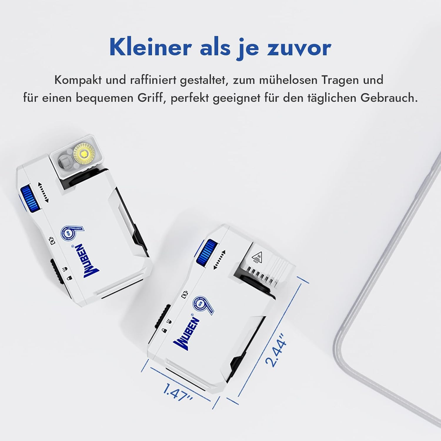 Zwei kleine weiße Wuben X3 Taschenlampen auf hellem Hintergrund mit Maßangaben in Zoll.