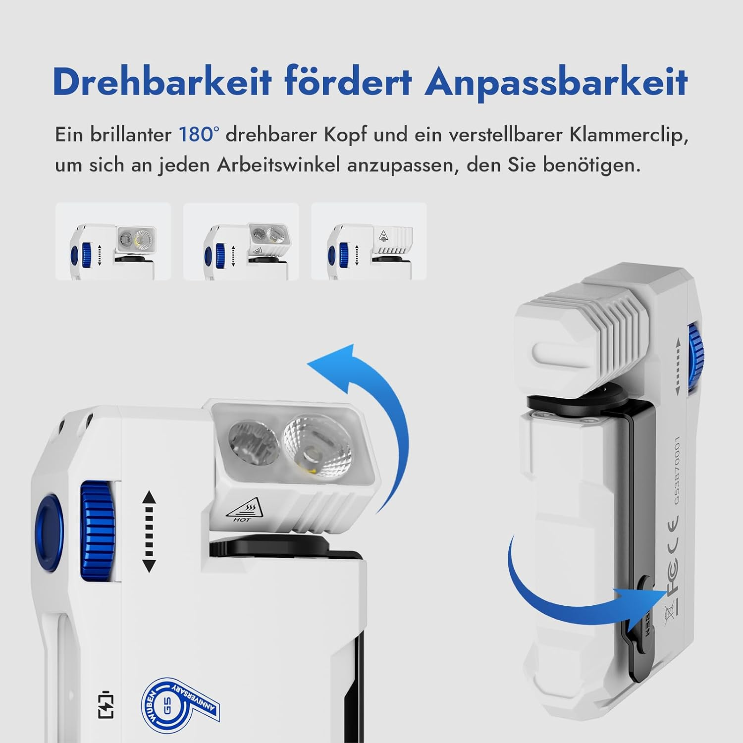 Eine weiße Multifunktionslampe mit drehbarem Kopf und Clip gegen grauen Hintergrund mit deutscher Textbeschreibung.