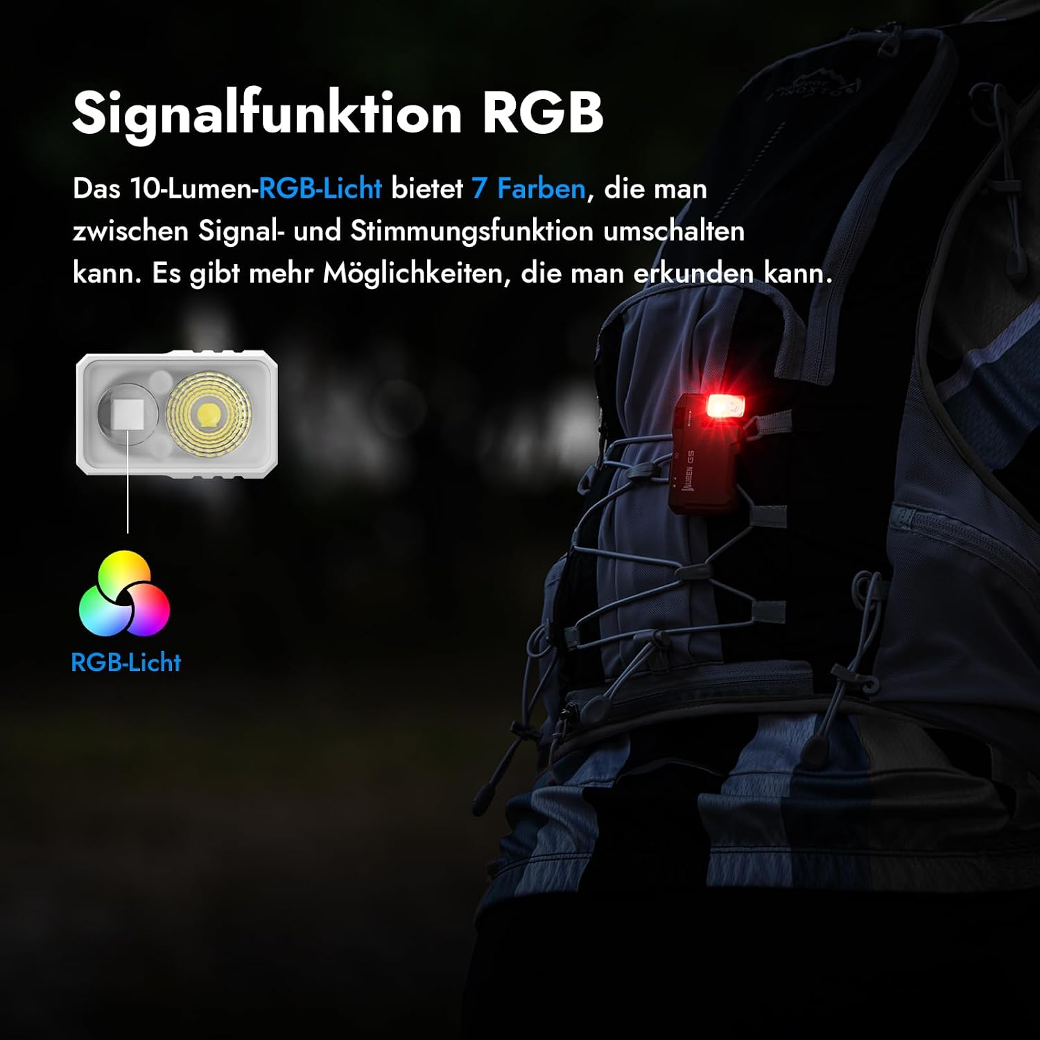 Eine kleine LED-Lampe mit RGB-Funktion ist an einem Rucksack befestigt, daneben Text auf Deutsch.