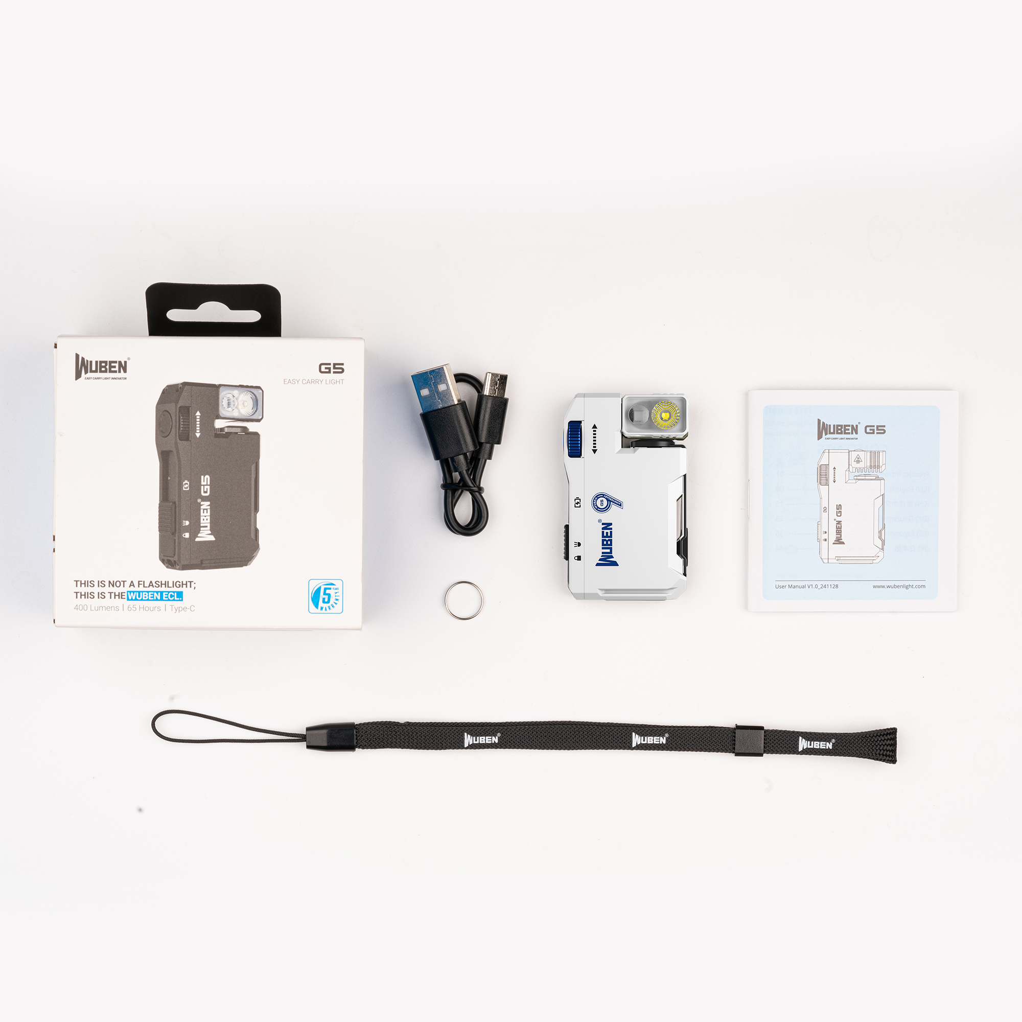 Wuben G5 Laternenset mit Box, USB-Kabel, Ring, Handbuch und Schlüsselband auf weißem Hintergrund.