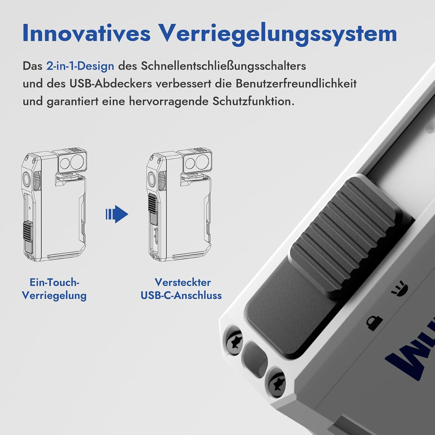 Diagramm zeigt das innovative Verriegelungssystem mit einem One-Touch-Schalter und verstecktem USB-C-Anschluss.