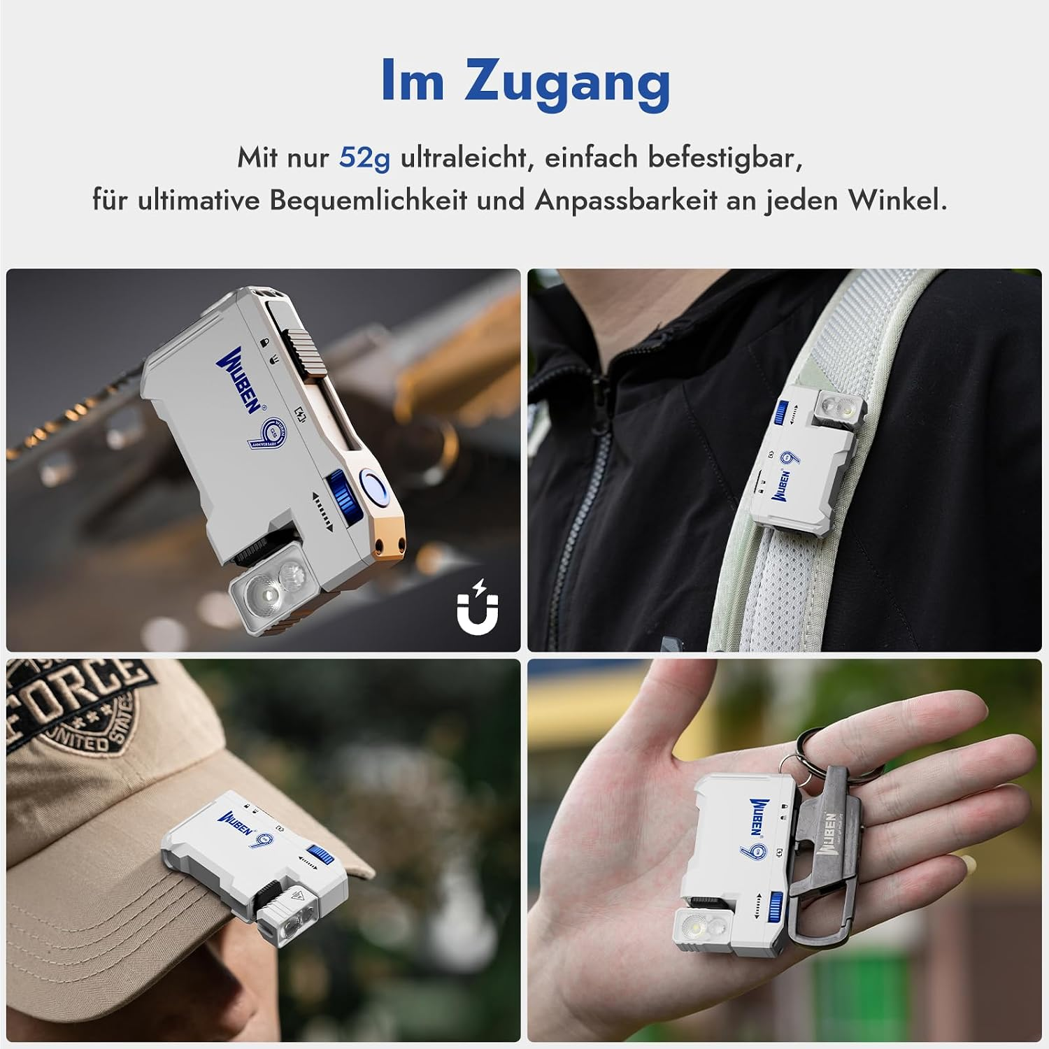 Eine weiße Multifunktions-Taschenlampe von Wuben, an einem Rucksack, einer Mütze und in einer Hand befestigt, mit Text.