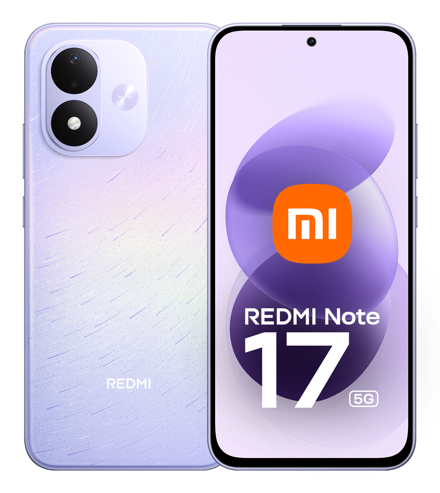 Fioletowy smartfon Redmi Note 17 5G z przodu i z tyłu, z podwójnym aparatem i logo Xiaomi na ekranie.
