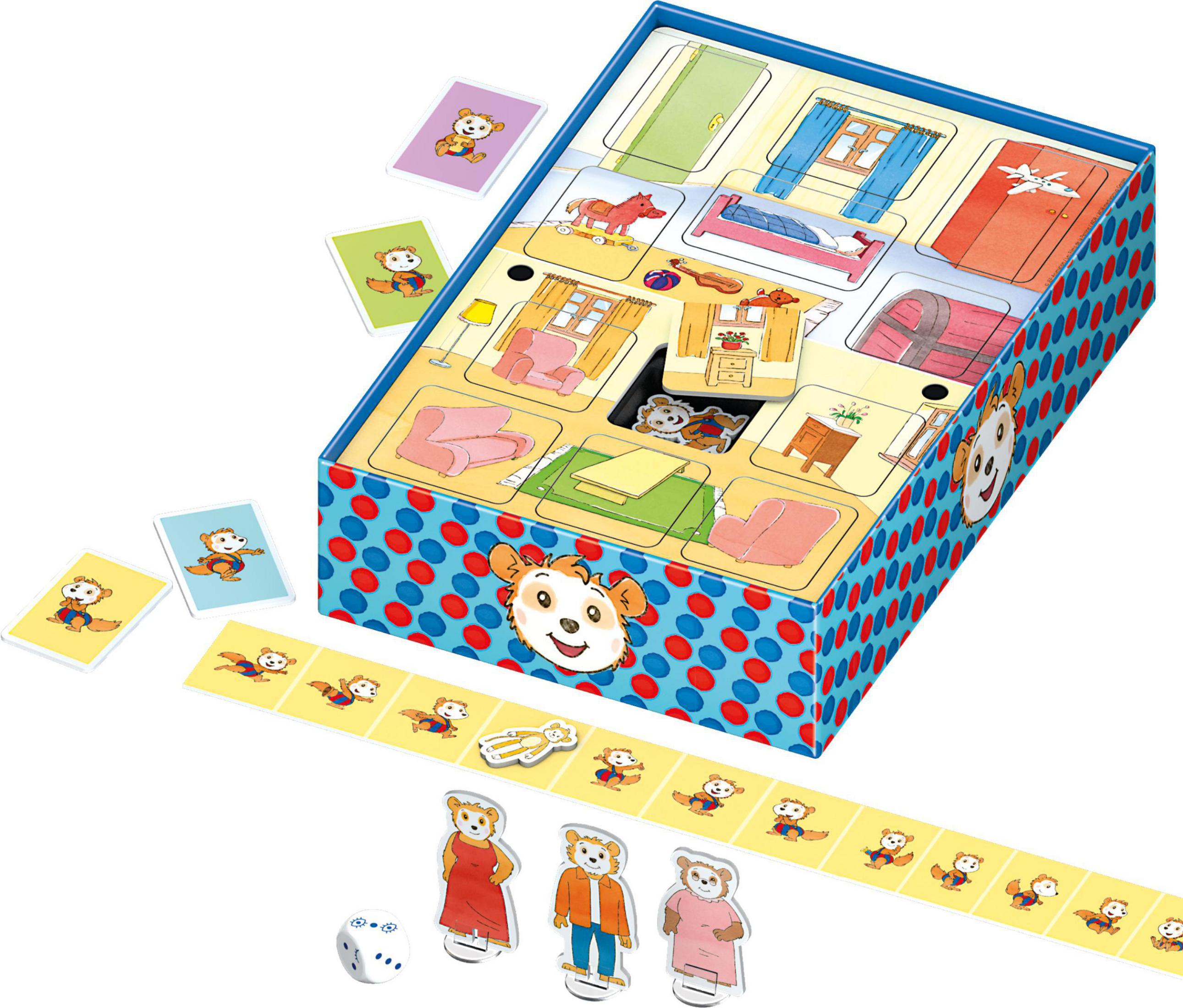 Ein farbenfrohes Brettspiel mit Bärenmotiven, Karten, Spielern und einem Spielplan in einer gemusterten Schachtel.