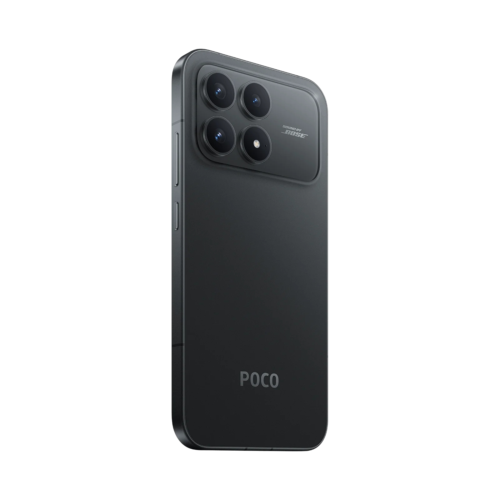 Uno smartphone Poco nero mostra il pannello posteriore con configurazione a quattro fotocamere, marchio Bose e logo Poco.