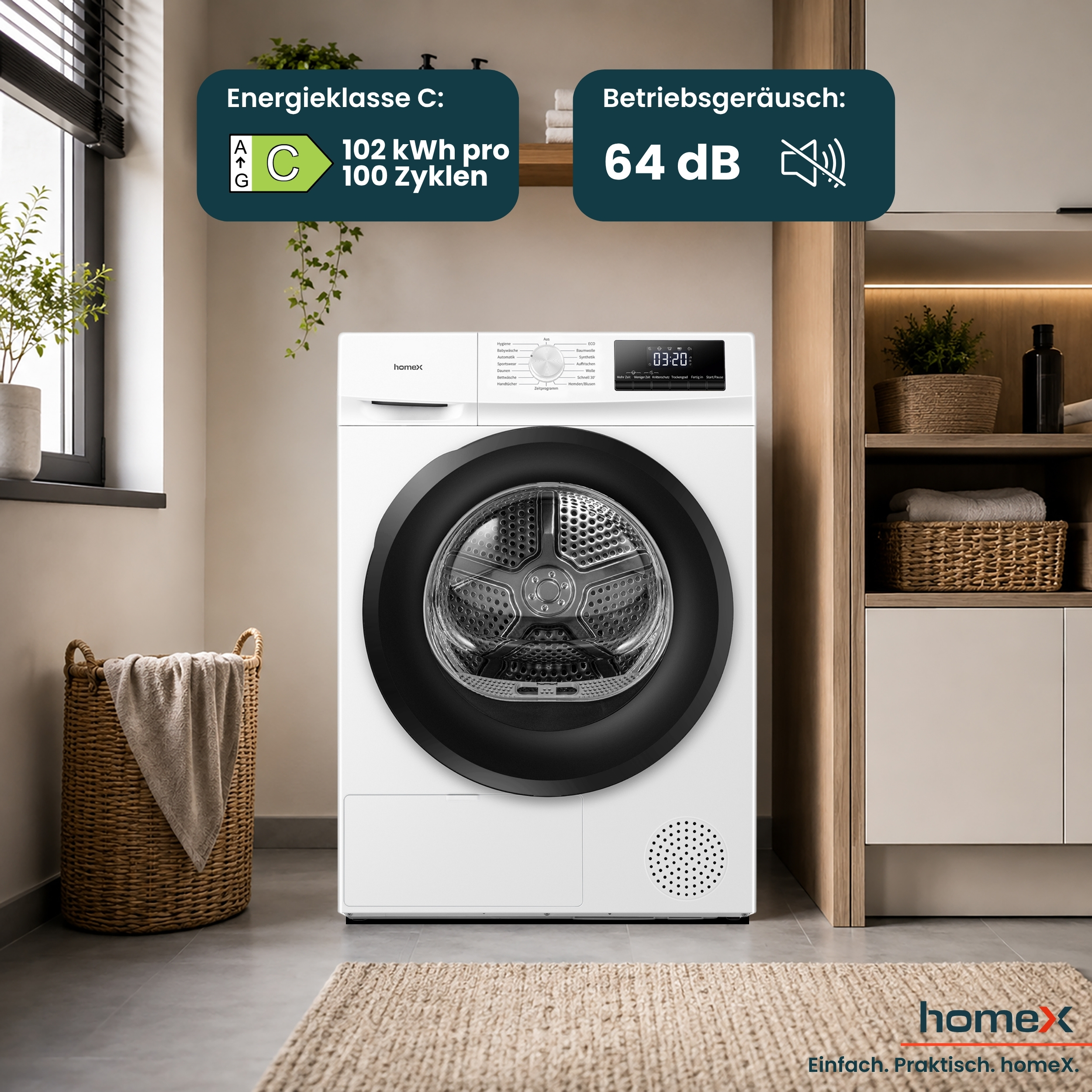 Ein weißer Homex Trockner steht in einem modernen Badezimmer mit Korb und Holzregal.