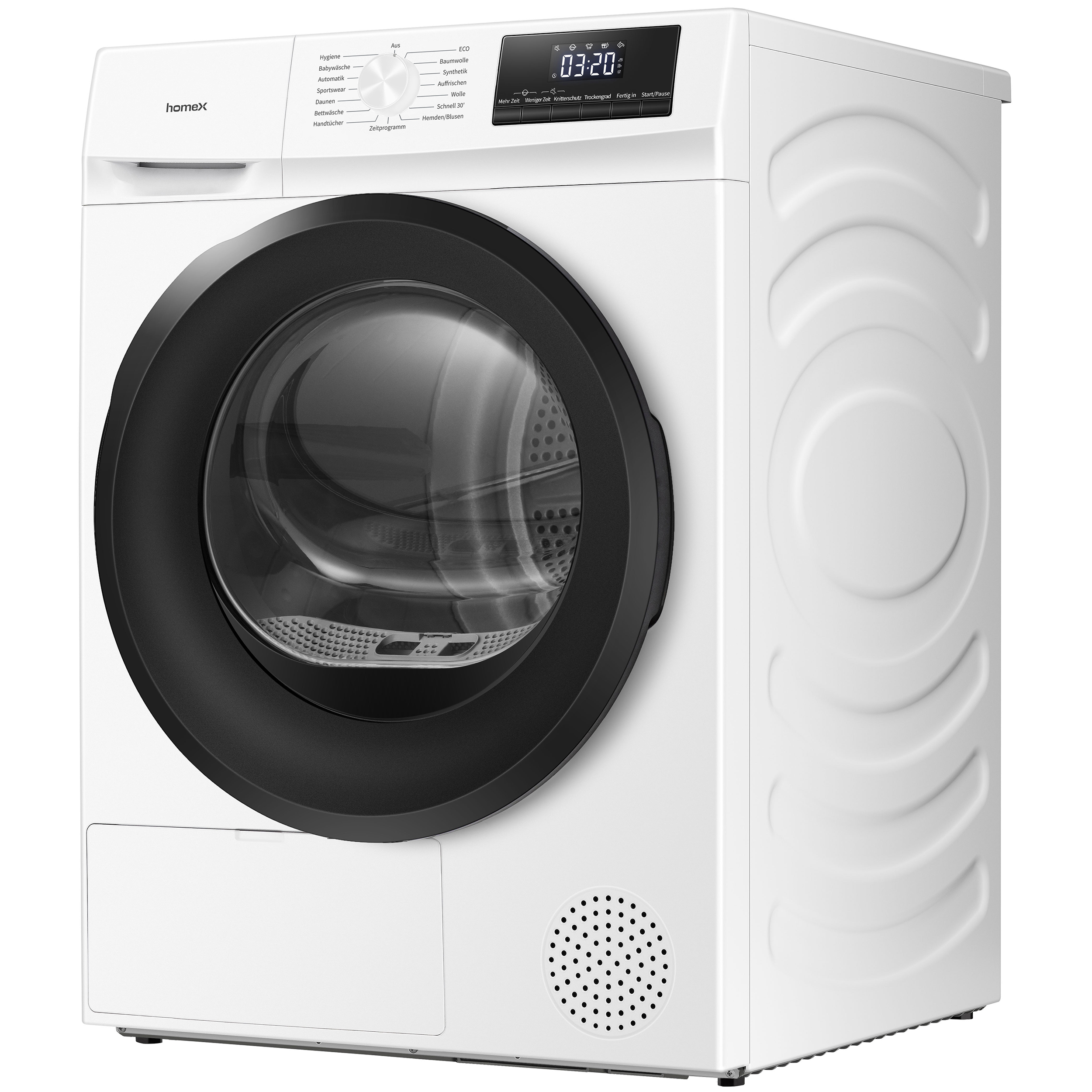 Moderne weiße Frontlader-Waschmaschine mit schwarzer Glastür und digitalem Display.