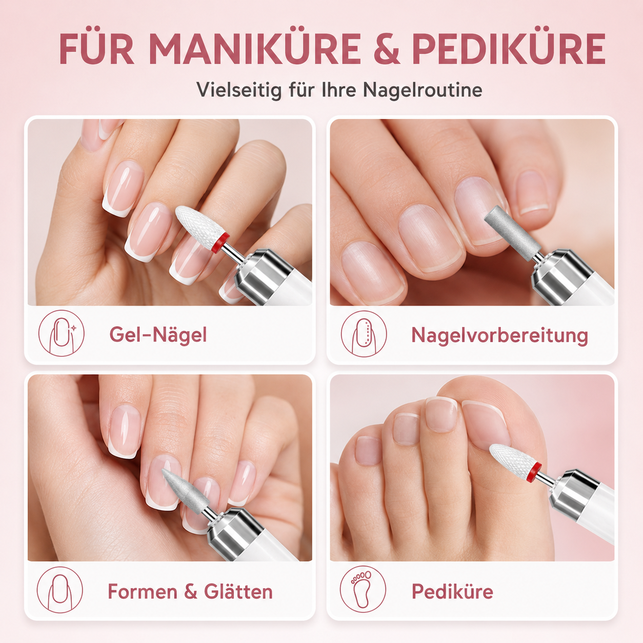 Vier Bilder zeigen elektrische Nagel feilen bei Maniküre und Pediküre an Fingern und Zehen.
