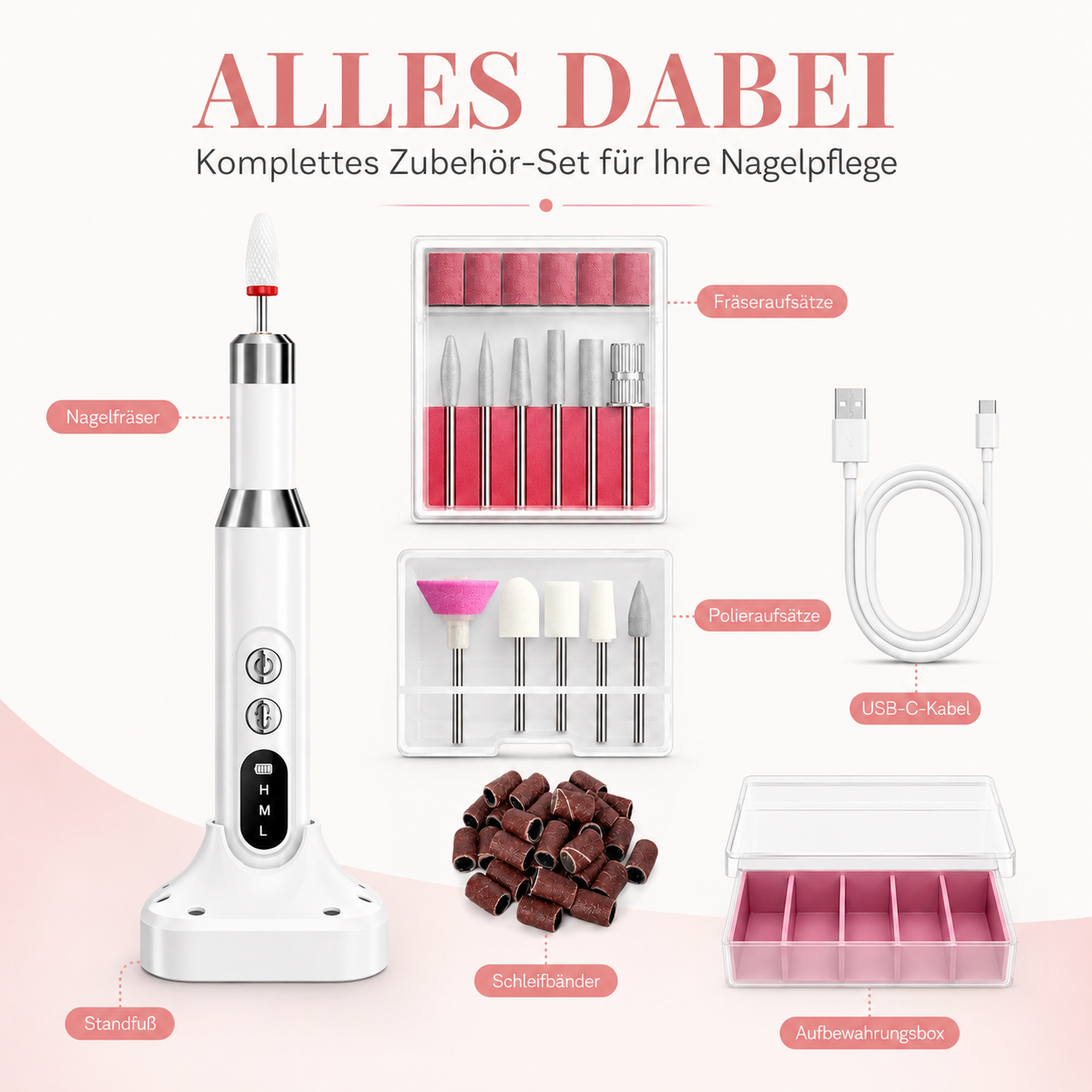 Nagelfräser-Set mit Handstück, Aufsätzen, Schleifbändern, Ladekabel und Aufbewahrungsbox auf rosa Hintergrund.