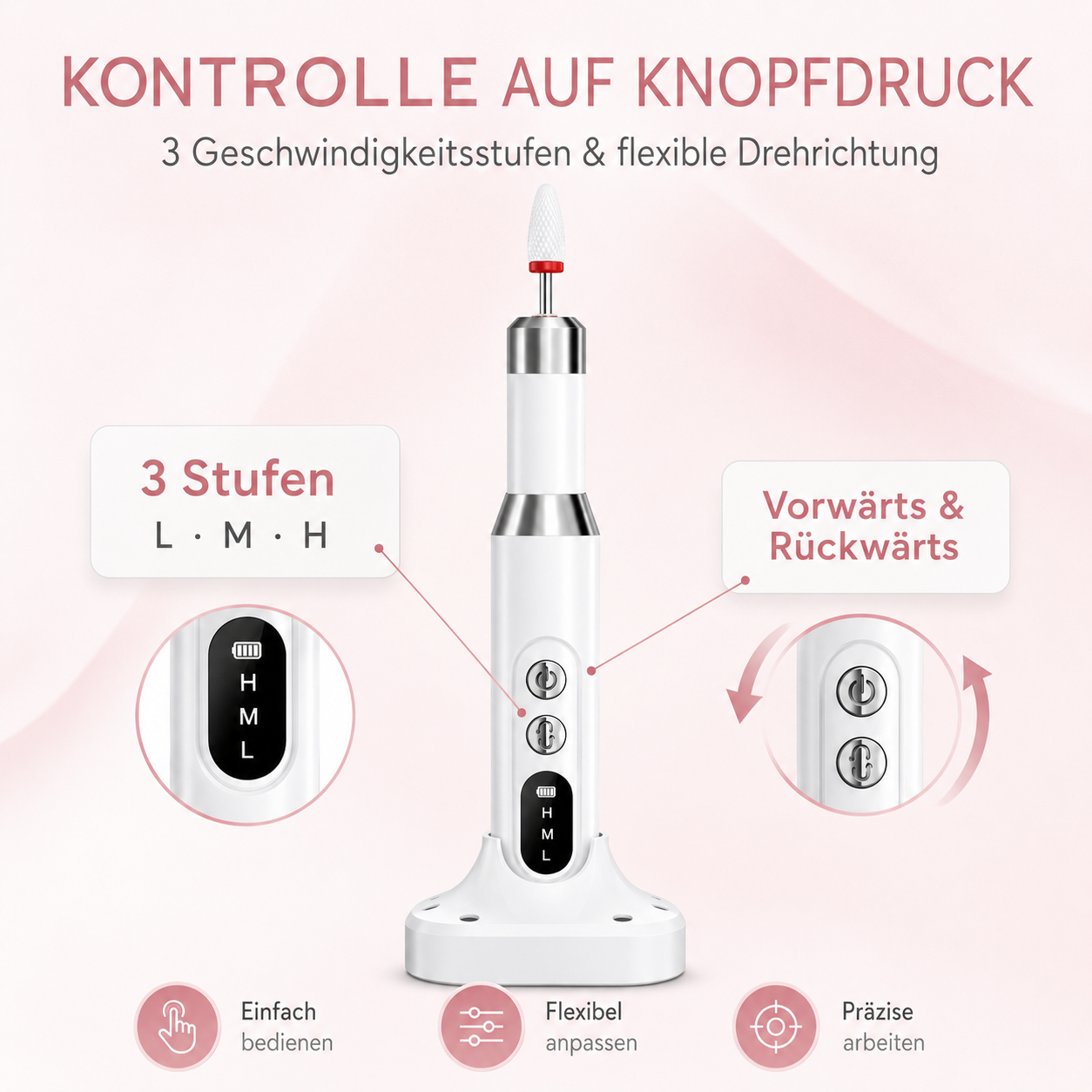 Weißes elektrisches Nagelfeilgerät mit drei Geschwindigkeiten und LED-Display auf einem Ständer.