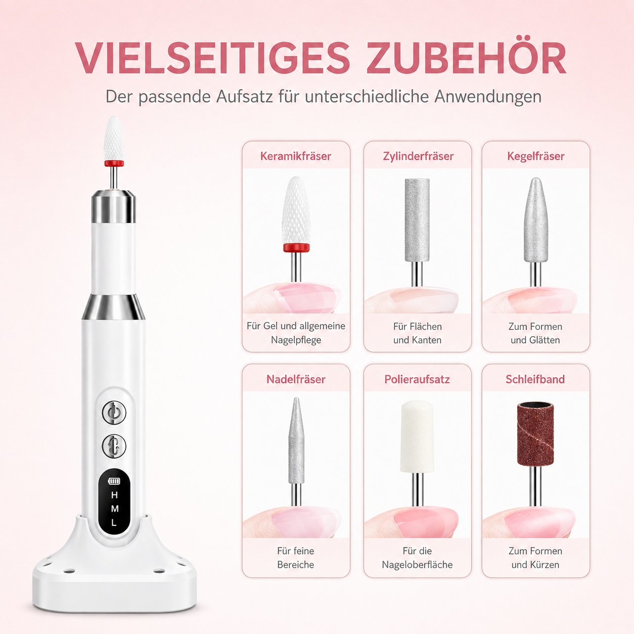 Weisser elektrischer Nagelbohrer auf Stander, mit sechs verschiedenen Aufsatzen in rot umrandeten Feldern rechts.