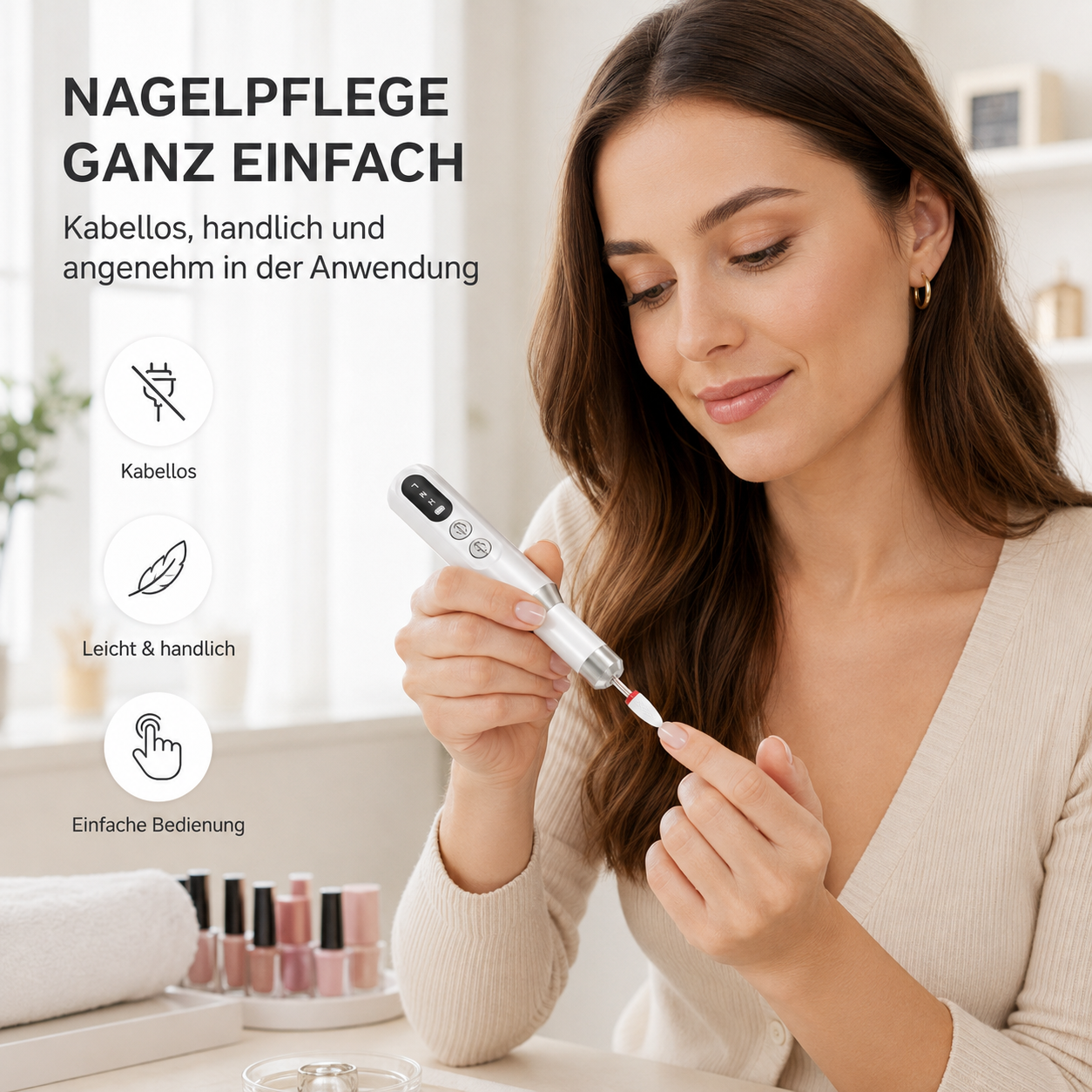 Frau benutzt ein kabelloses Manikürgerät an ihren Fingernägeln.