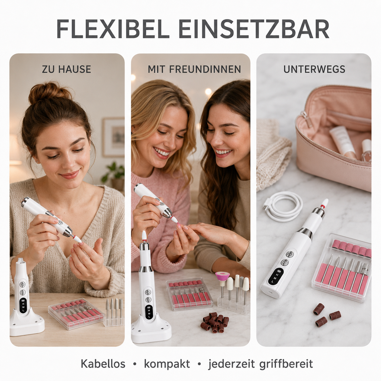Drei Bilder zeigen eine Frau, die zu Hause, mit Freunden und unterwegs einen tragbaren Nagelfräser nutzt.
