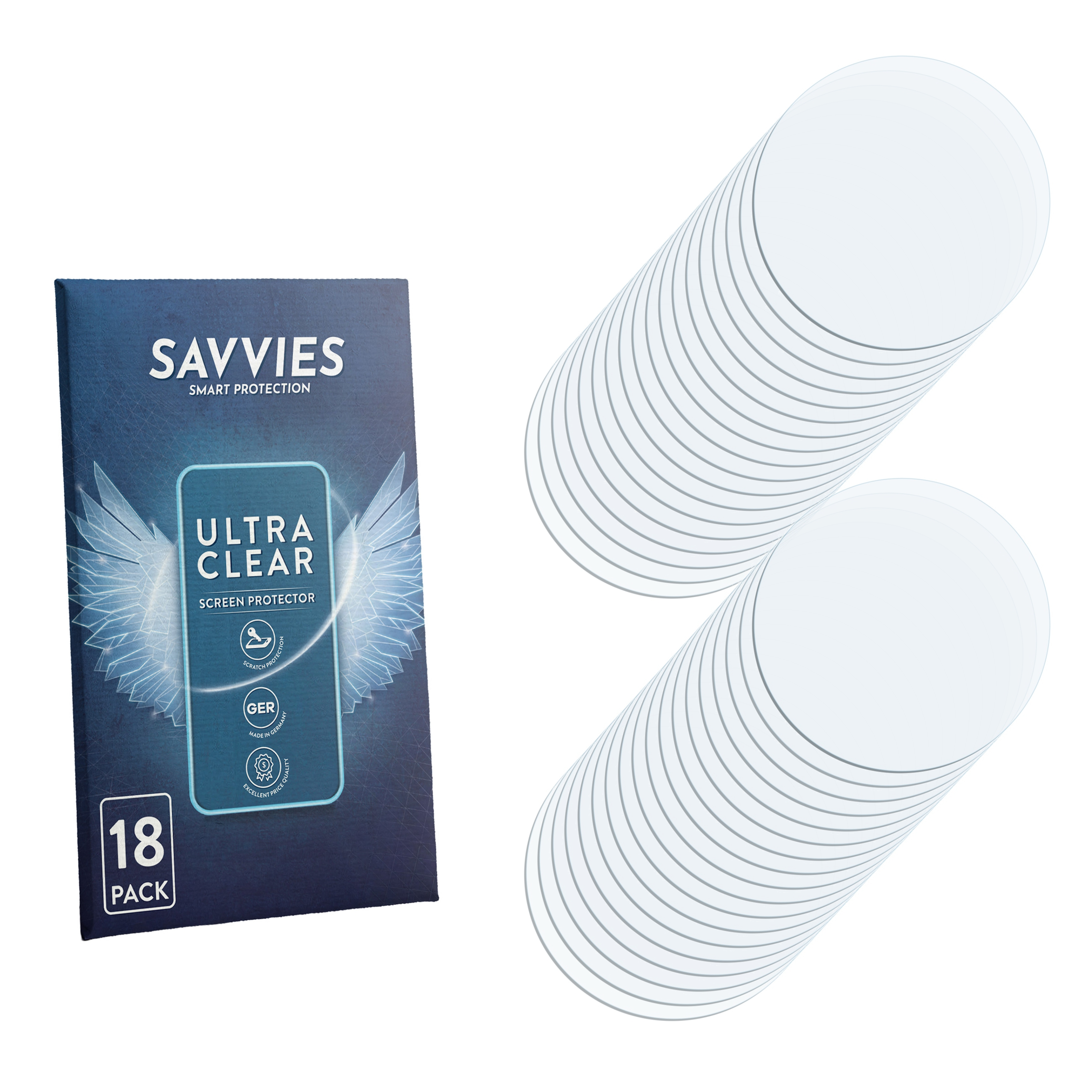 Savvies Ultra Clear Displayschutzfolien-Pack mit achtzehn runden Folien.