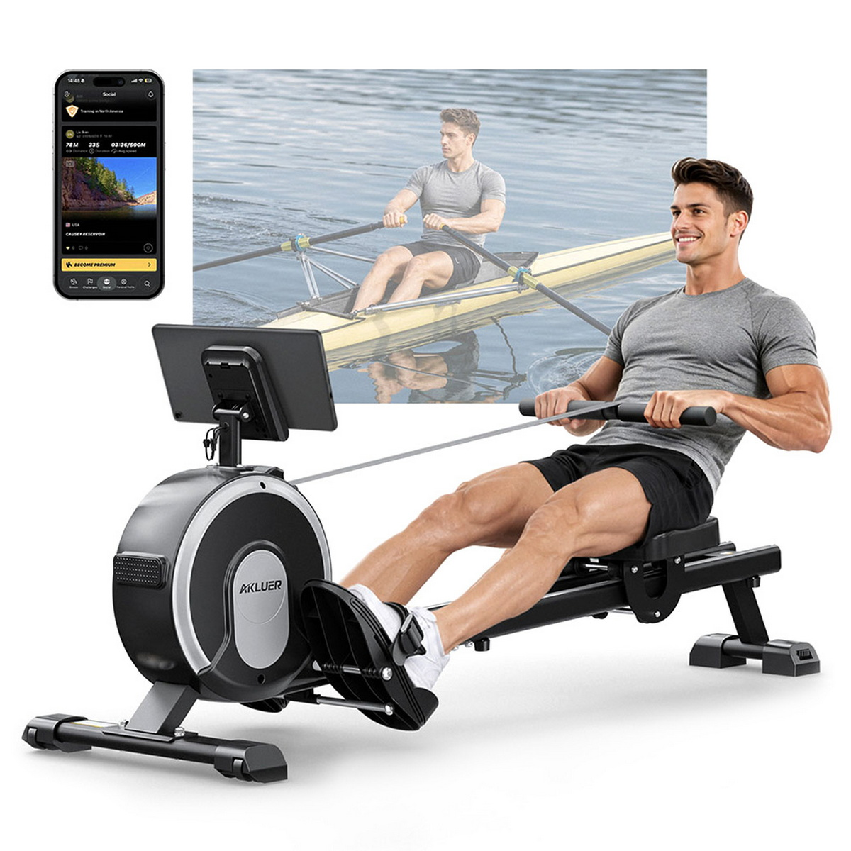 Ein Mann trainiert auf einem Rudergerät, während im Hintergrund eine App und ein Mann auf einem Boot zu sehen sind.