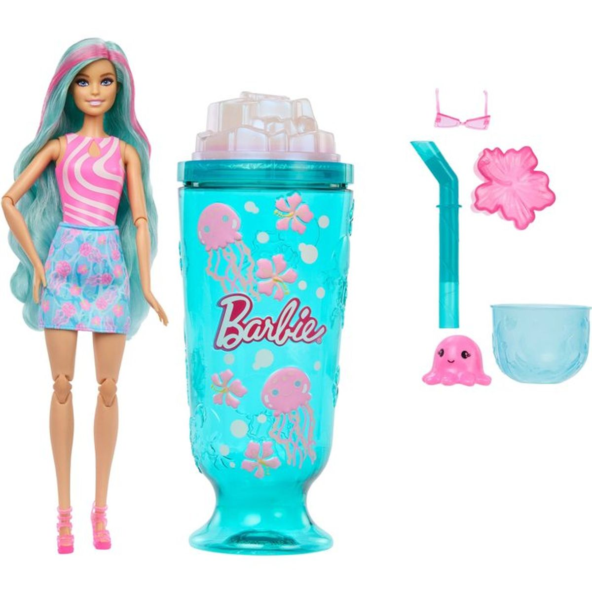 Barbie-Puppe mit blau-rosa Haar, großer blauer Becher, Strohhalm, Sonnenbrille, Blume und kleine Oktopusfigur.