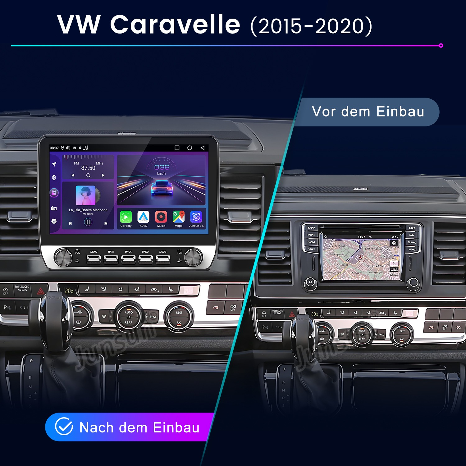 VW Caravelle Armaturenbrett mit neuem modernen Touchscreen im Vergleich zum alten kleineren Display.