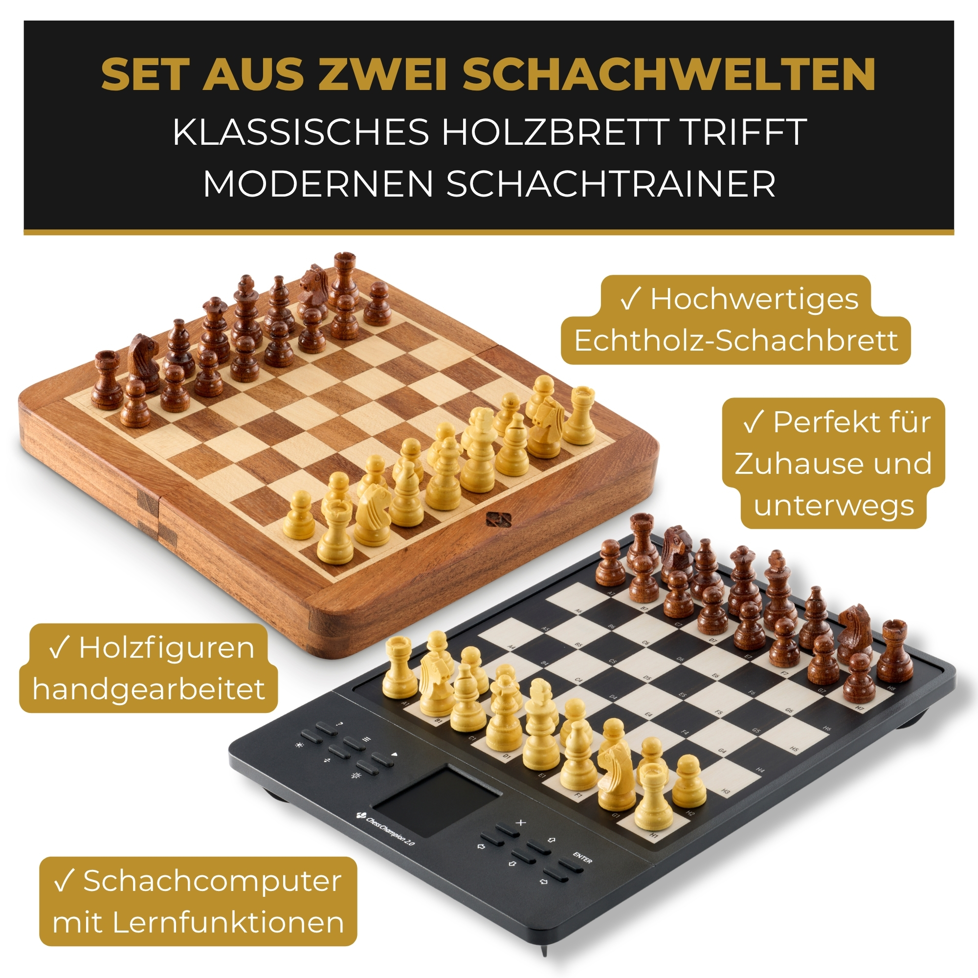 Ein Set aus einem Holzzuschnitt-Schachbrett und einem modernen Schachcomputer mit handgearbeiteten Figuren.