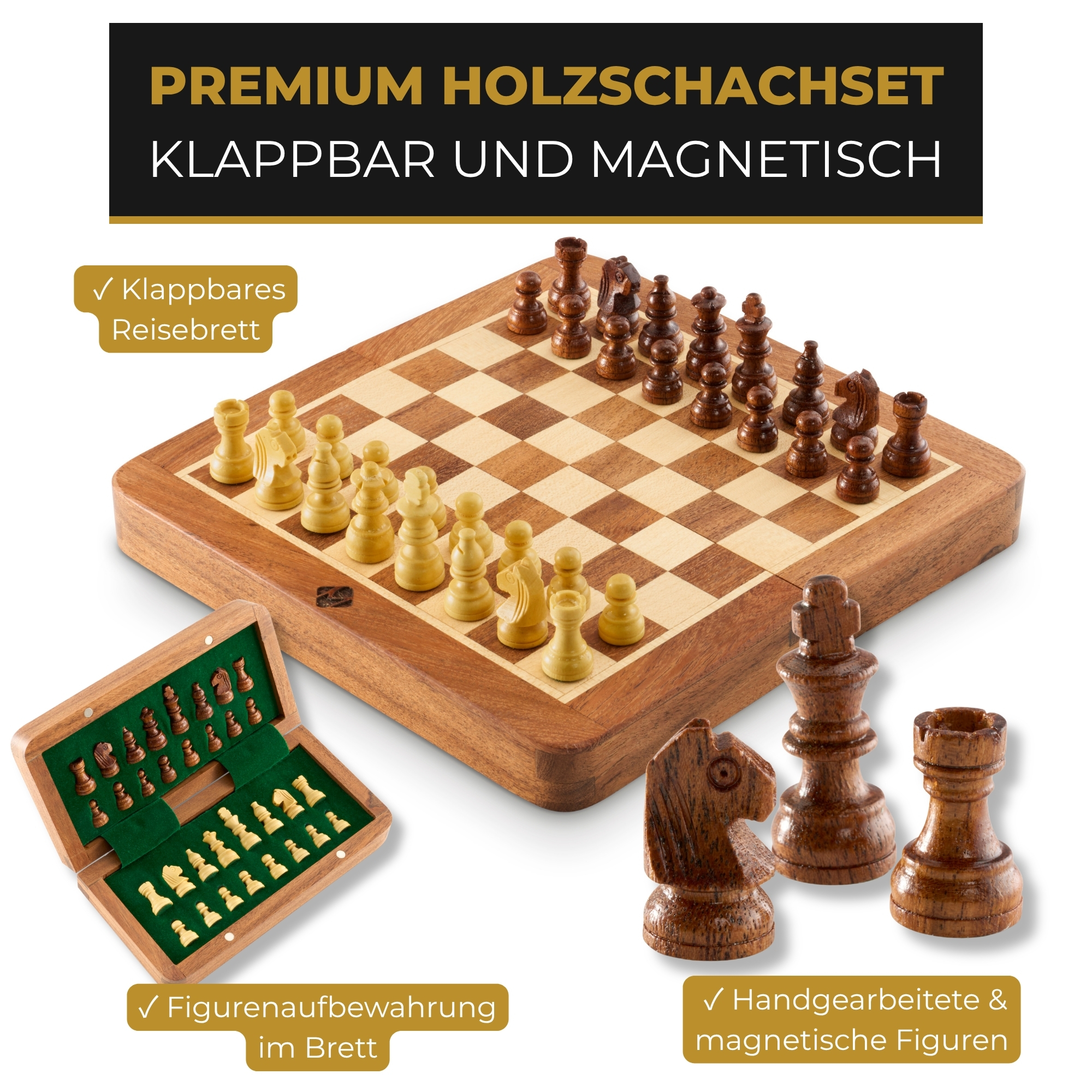 Holzschachset mit magnetischen Figuren und Aufbewahrungsbrett.