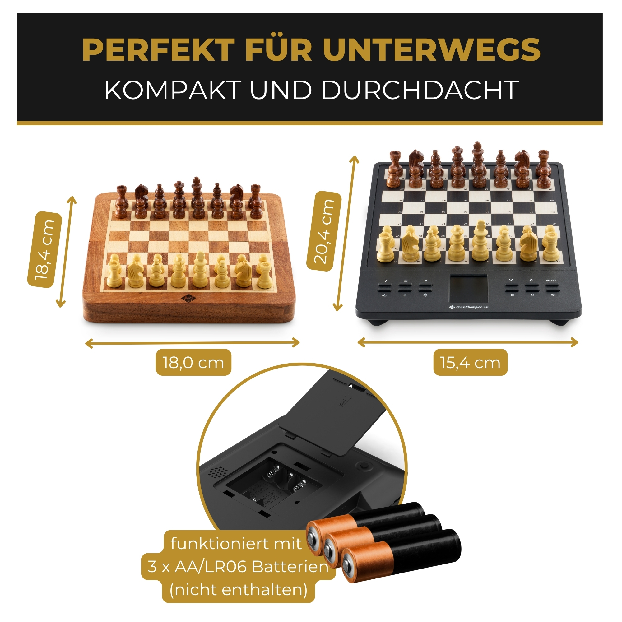 Zwei Schachspiele mit Maßen und Batteriefach im Detail.