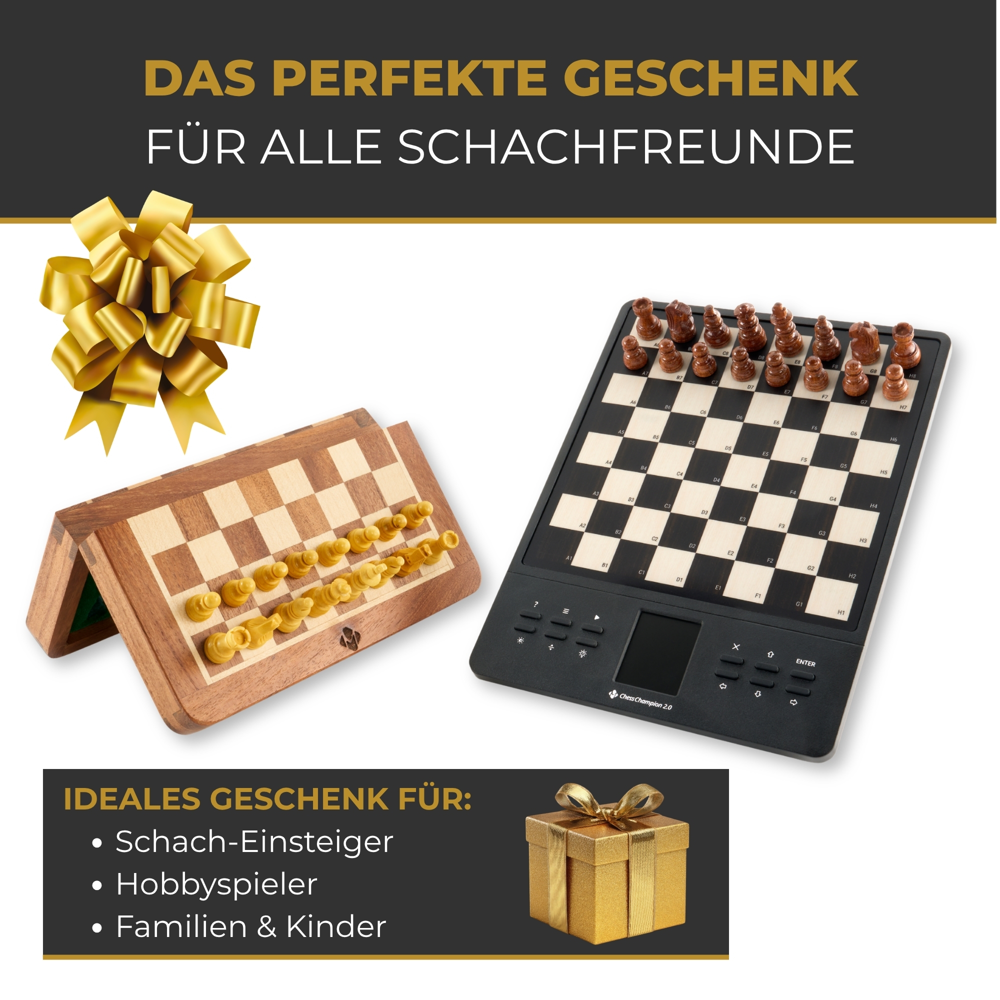 Werbebild für ein Schachset als Geschenk mit Holzetui und elektronischem Schachbrett.