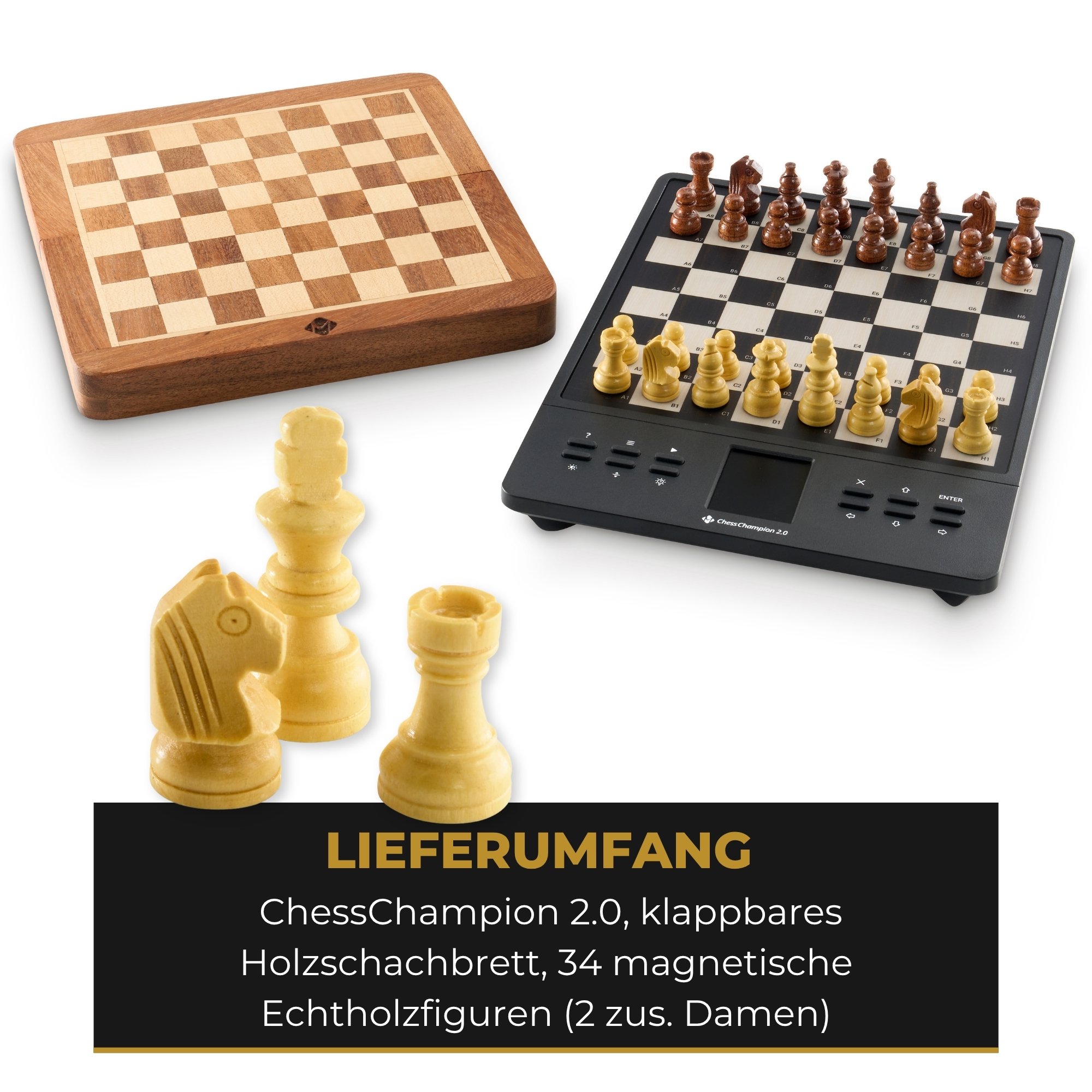 Elektronisches Schachbrett ChessChampion 2.0 mit Holzetui und Magnetfiguren.